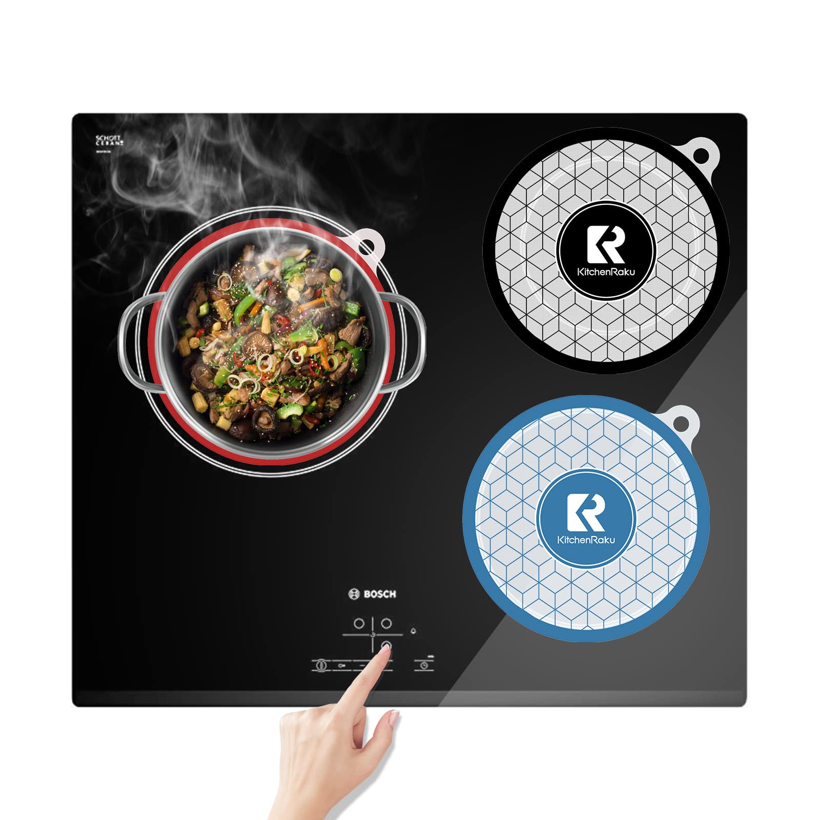 Kitchenraku 3-Piece Magnetic Induction Cooktop Mat Set - Non-Slip Silicone Stove Top Protector Cover for Induction Cookers (Round, Heat Resistant) - Perfect for Kitchen Safety & Countertop Protection During Cooking