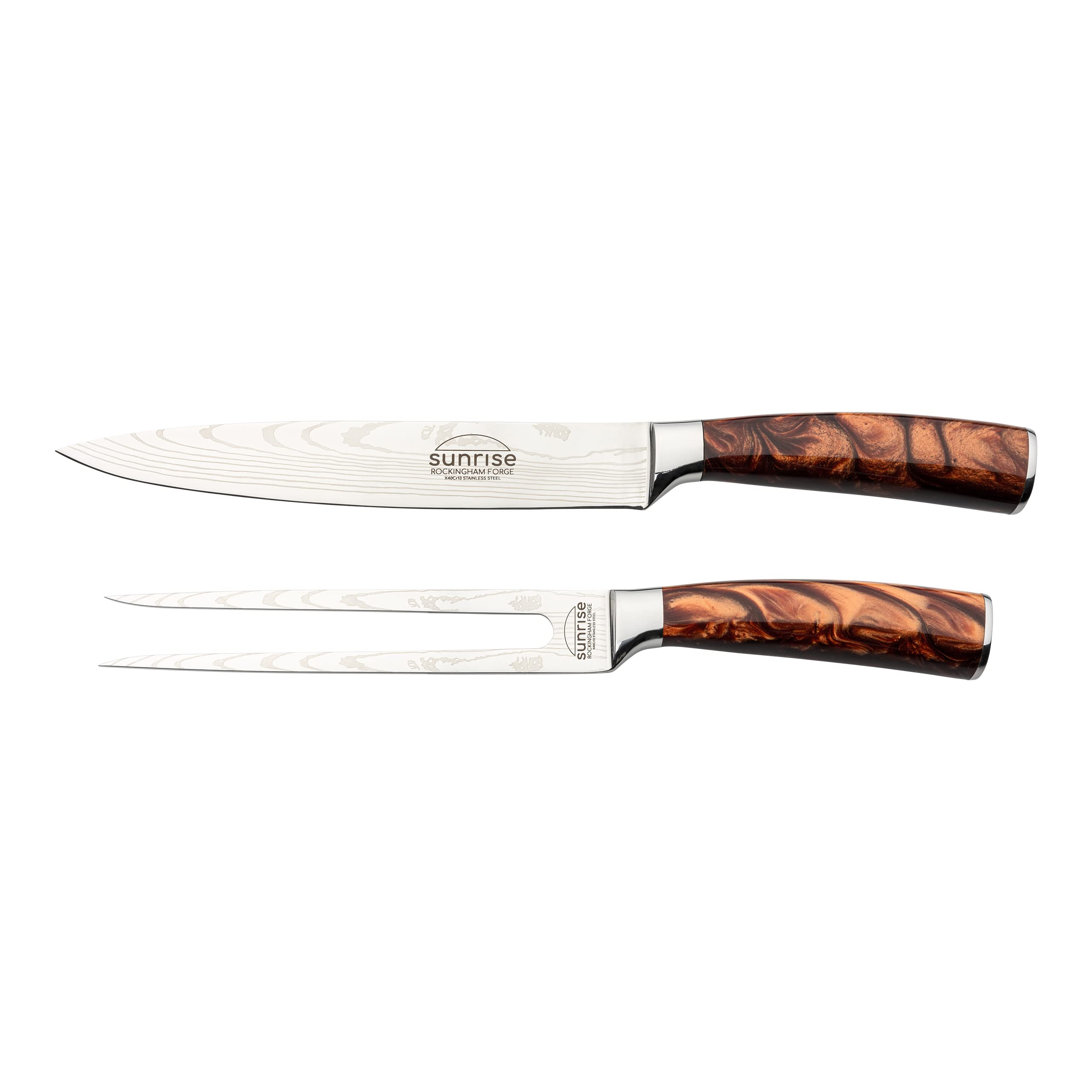 Premium Stainless Steel Carving Knife and Fork Set with Resin Handles - Sunrise Collection Amber Design - Perfect for Holiday Dinners, BBQ Parties & Meat Carving