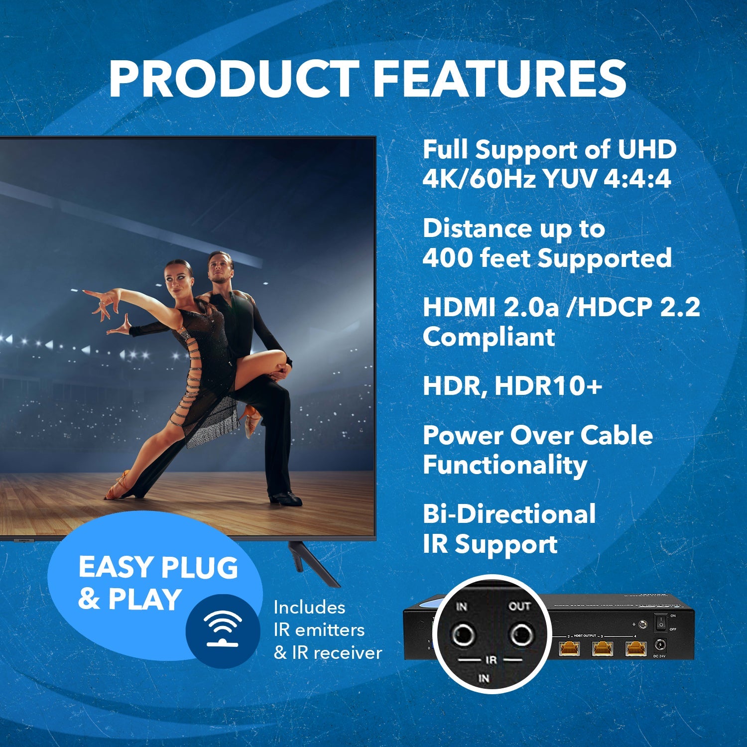 4K HDMI Extender Splitter 1x4 Over Cat6 Cable - Up to 400ft with PoC, Bi-Directional IR Control & EDID Management (UHD14 EXB400 K) - Perfect for Home Theater, Conference Rooms & Multi-Screen Displays