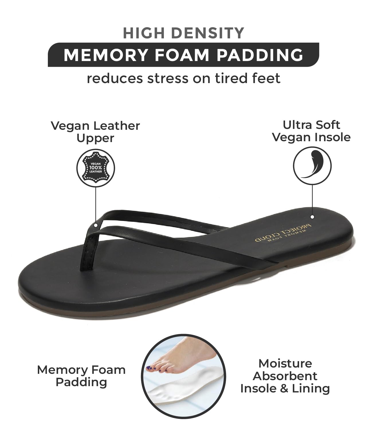 Women's Memory Foam Flip Flops - Vegan Leather Comfort Sandals for Summer 2025 | Lightweight Beach Slides with Cloud Cushioning | Perfect for Poolside, Vacation & Casual Wear (Foundations Collection)