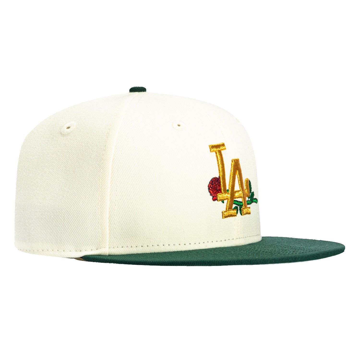New Era 59Fifty Los Angeles Dodgers Rose Embroidered Baseball Cap - White & Green Snapback Hat for Men & Women | Dodgers Fan Gear, Sports Fashion Accessory for Baseball Games & Streetwear