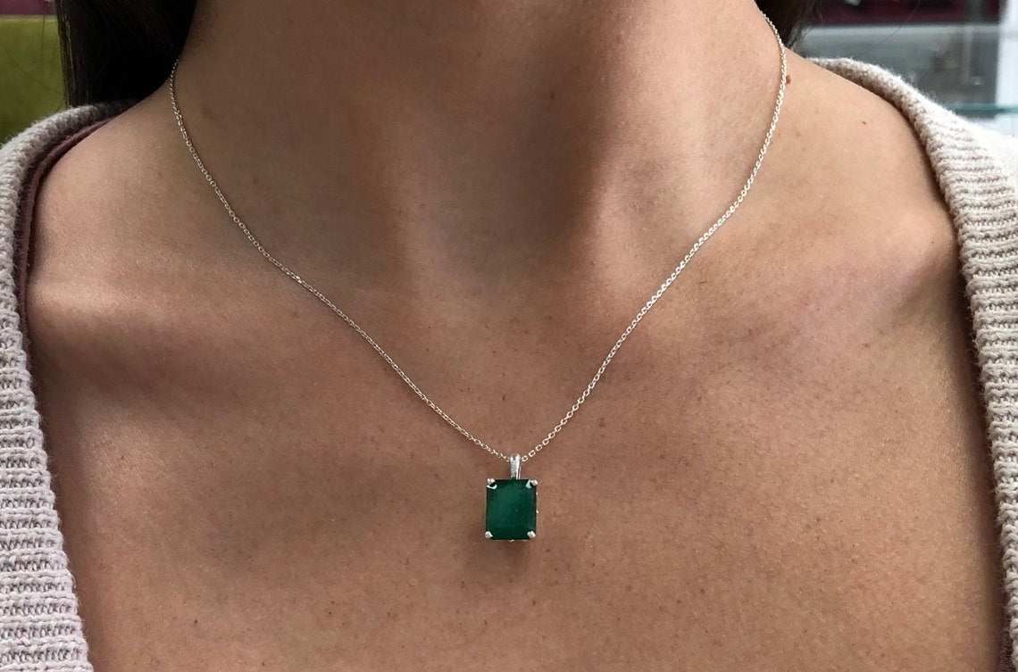 4.30 Carat Dark Green Emerald Sterling Silver Necklace 925 for Women - Elegant Jewelry Gift for Birthday, Anniversary & Special Occasions