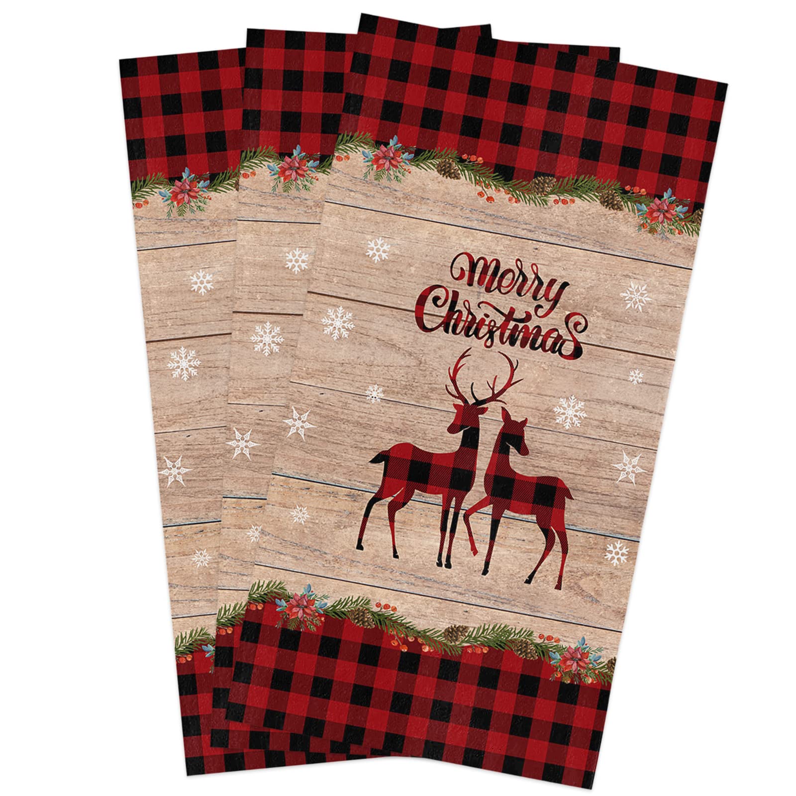 Premium Microfiber Kitchen Towels Set of 3 - Super Absorbent & Reusable Dish Towels, Tea Towels & Bar Towels (18x28 Inch) - Christmas Buffalo Check Plaid with Reindeer & Rustic Wood Design - Perfect for Holiday Kitchen Decor, Dish Drying & Counter Cleaning