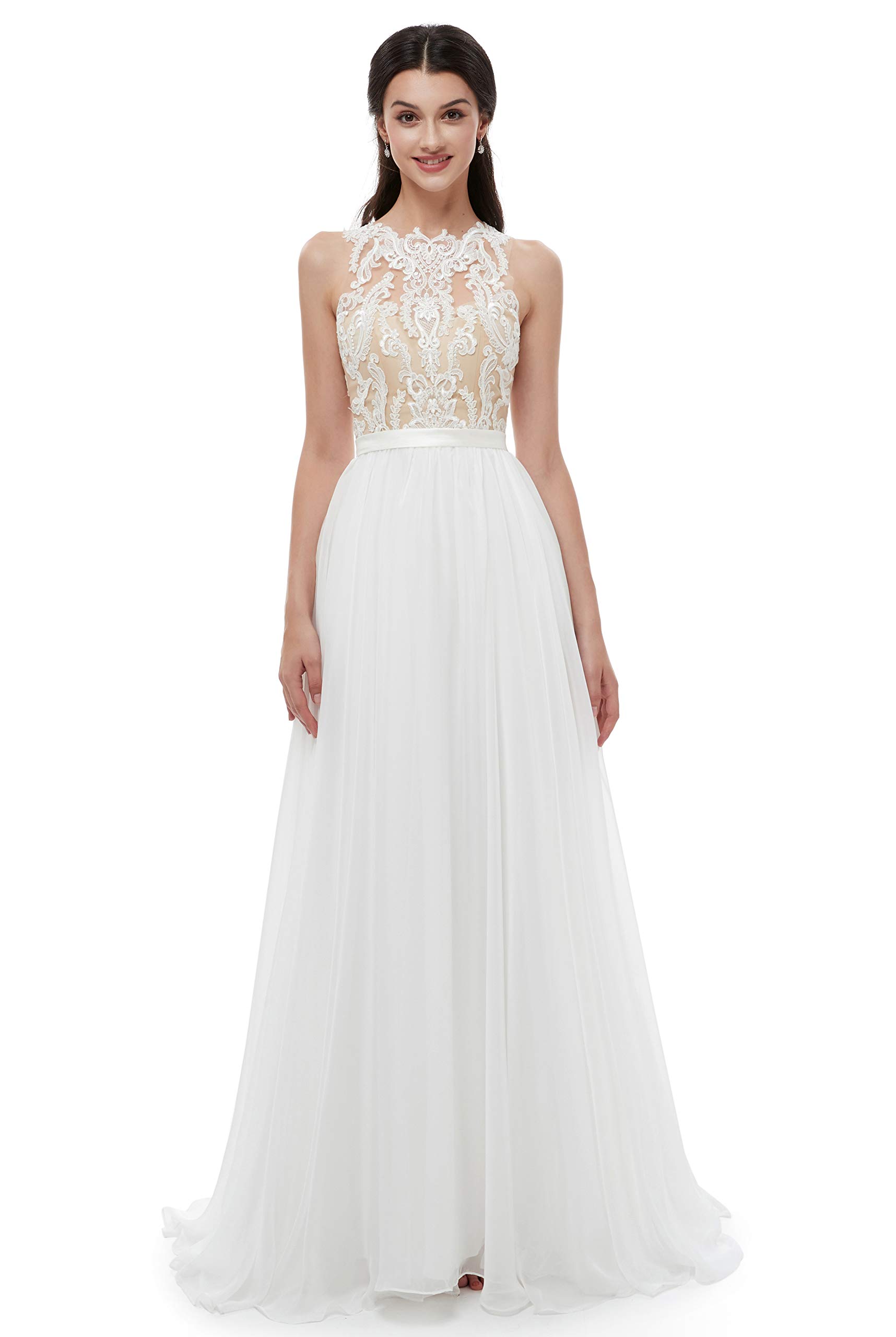 Ikerenwedding Women's Elegant Jewel Lace Applique Sleeveless Tulle Beach Wedding Dress - Perfect for Beach Weddings, Destination Elopements & Boho Bridal Photoshoots