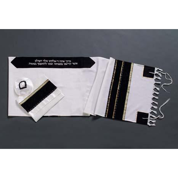 Handmade Wool Tallit for Men - Gold and Black Stripes Prayer Shawl for Jewish Religious Ceremonies and Synagogue Services