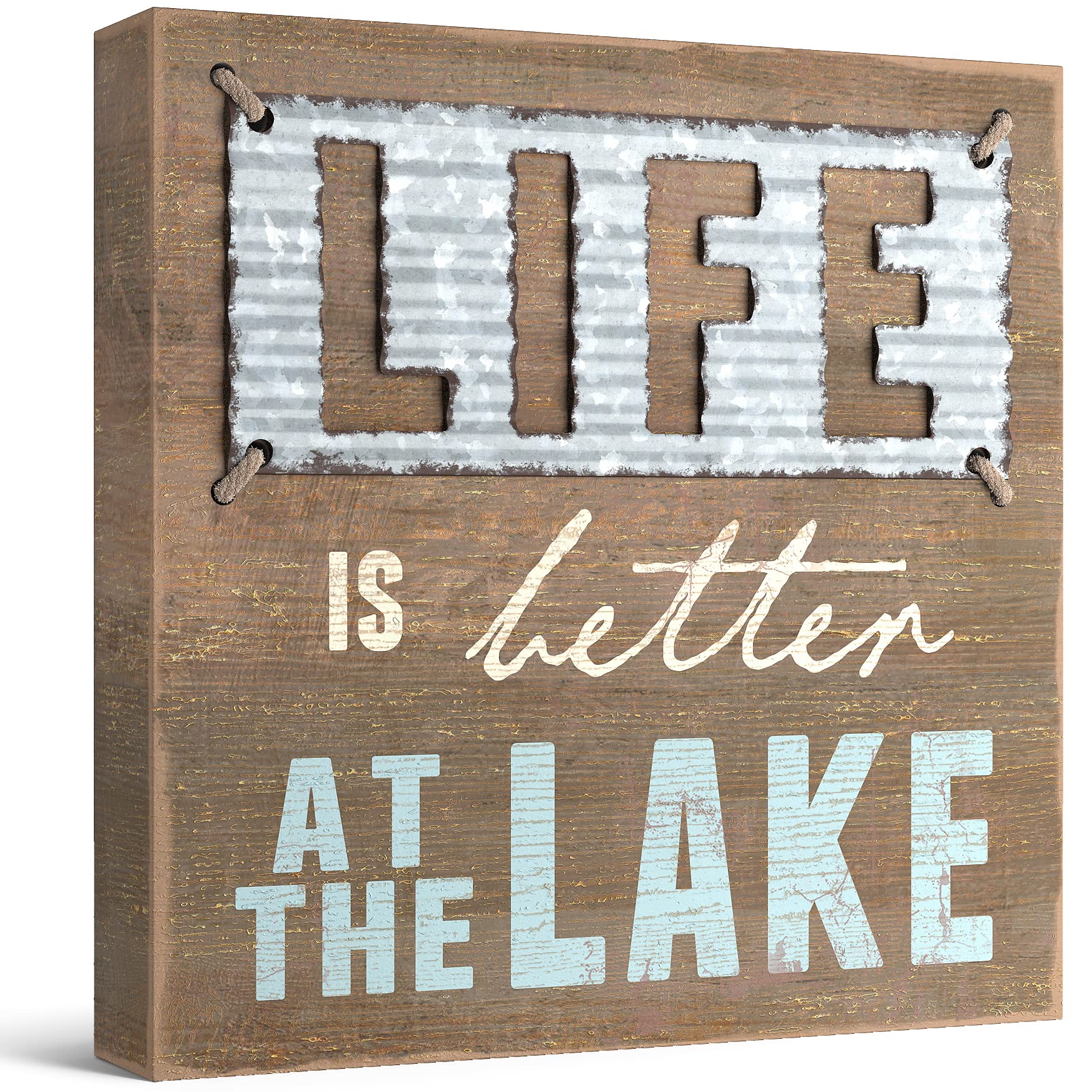 Barnyard Designs 'Life Is Better At the Lake' Wooden Box Sign - 5x5 Inspirational Desk Decor for Office, Bathroom Shelf, or Home - Motivational Gift for Women, Rustic Farmhouse Decor