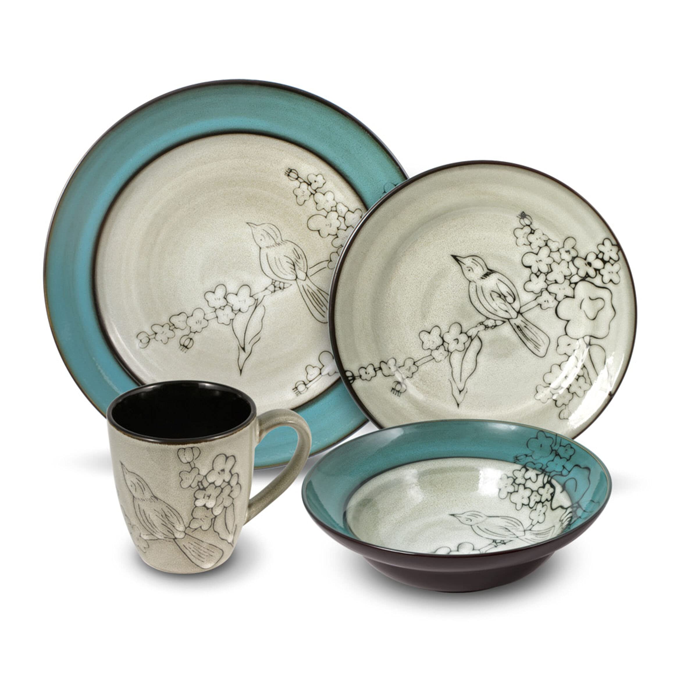 Song Bird Dinnerware Set - 16 Piece Porcelain Dinner Plates, Bowls, Cups & Saucers - Elegant Floral Design for Dining, Parties & Home Decor