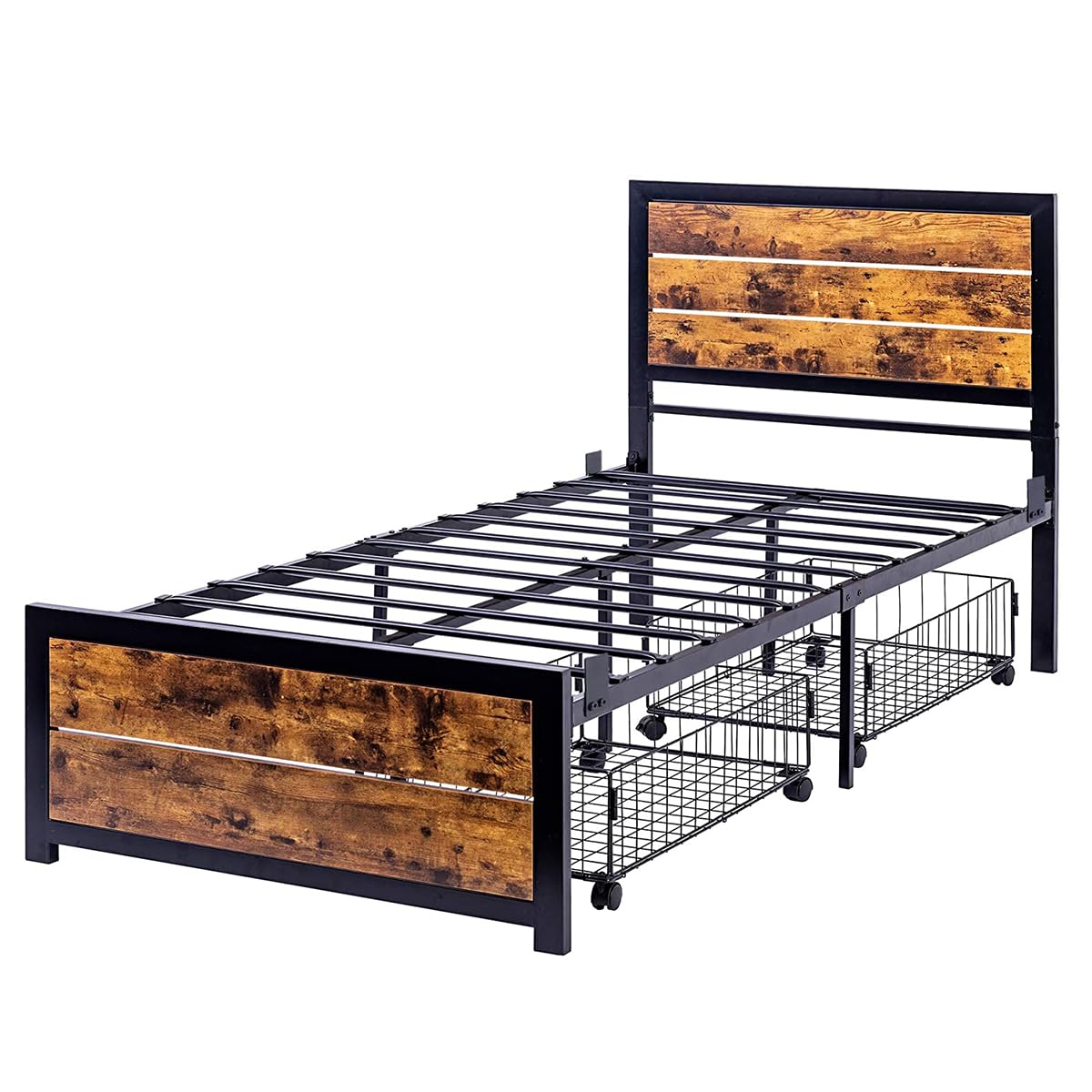 WAYTRIM Twin Platform Bed Frame with Wooden Headboard & Footboard - Industrial Metal Slat Support, No Box Spring Needed, Includes 2 Underbed Rolling Storage Carts - Retro Brown Finish - Perfect for Teens, Kids & Adults Bedrooms, Dorm Rooms or Guest Rooms