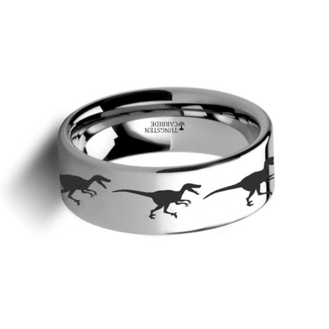 Dinosaur Rings for Men - Velociraptor Prehistoric Tungsten Wedding Band 12mm Wide, Custom Engraved Inside - Perfect for Gifts, Anniversary & Unique Jewelry Lovers