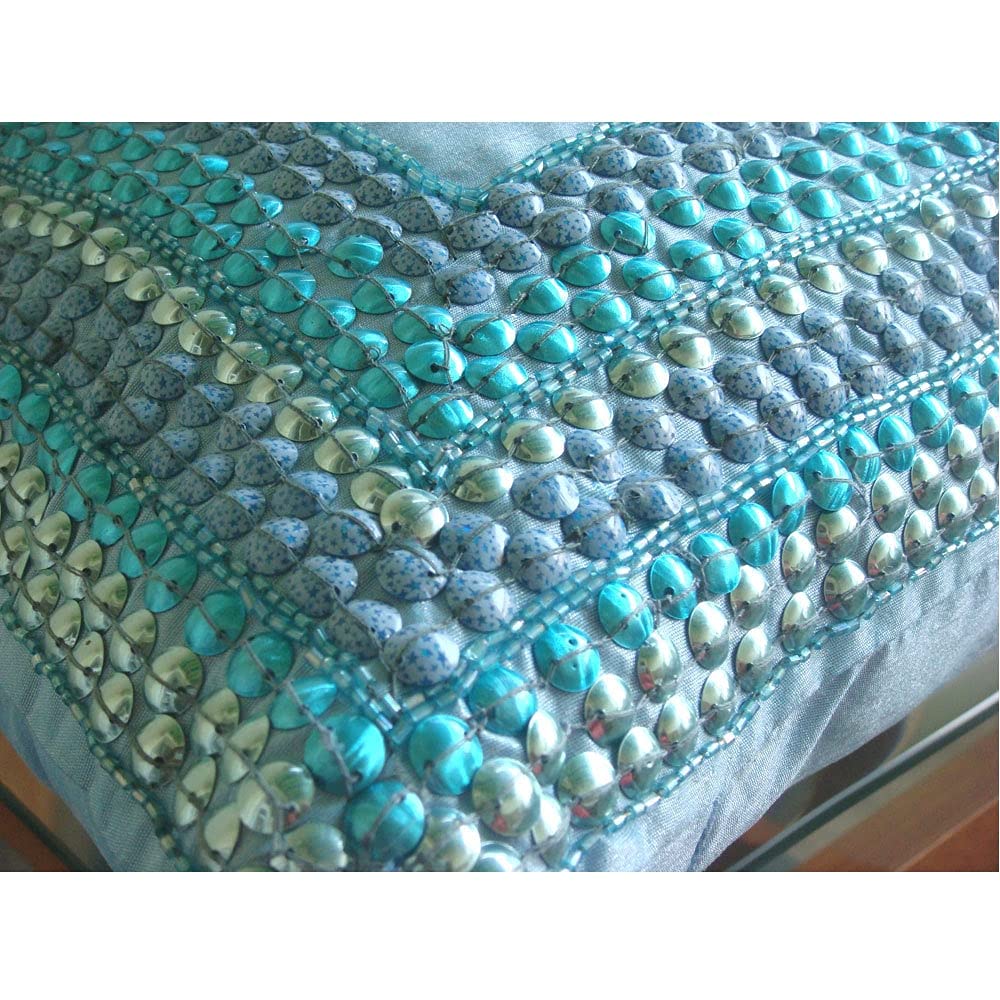 Aqua Blue 12x12 Inch (30x30 cm) Modern Bordered Pillow Cover with Zipper - 3D Sequins Art Silk Square Throw Pillow Case for Sofa, Bed, Couch Decor - HomeCentric Blue Celebrations Design