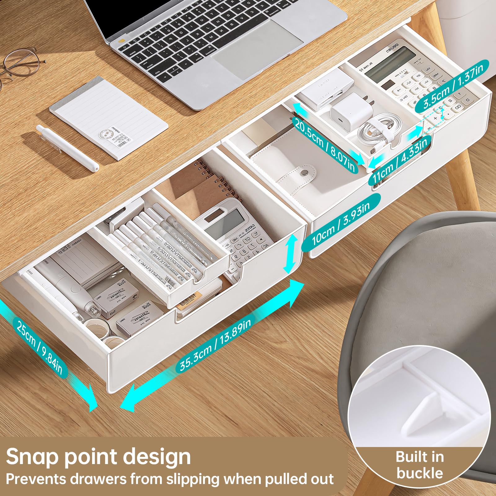 Under Desk Drawer Organizer - Slide Out Hidden Storage Tray with 2 Installation Methods (Screw/Adhesive) - White Space Saving Cabinet Drawer for Office & Home Workspace - Perfect for Storing Stationery, Files & Small Office Supplies