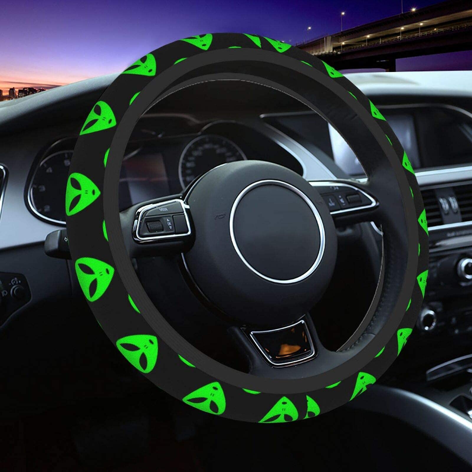 Non-Slip Green Aliens Face Universal Neoprene Steering Wheel Cover - Durable Car Accessory for Safe Driving & Unique Style (Perfect for Cars, Trucks, SUVs - Fun Gift for Alien Fans)