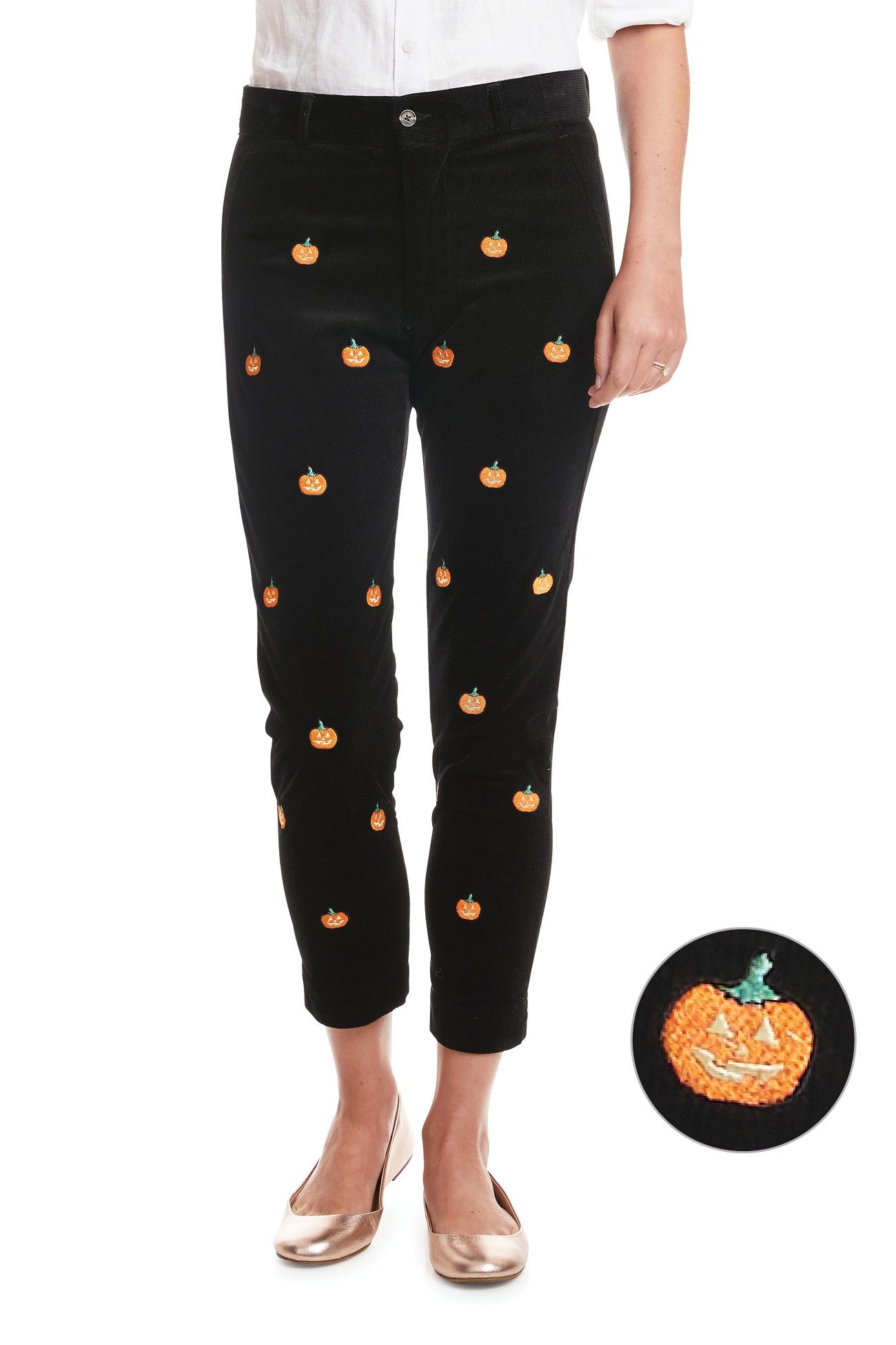 Beachcomber Women's Corduroy Ankle Capri Pants in Black - Stylish Fall Casual Pants with Jack O'Lantern Print | Perfect for Autumn Outfits, Halloween Parties & Cozy Seasonal Looks