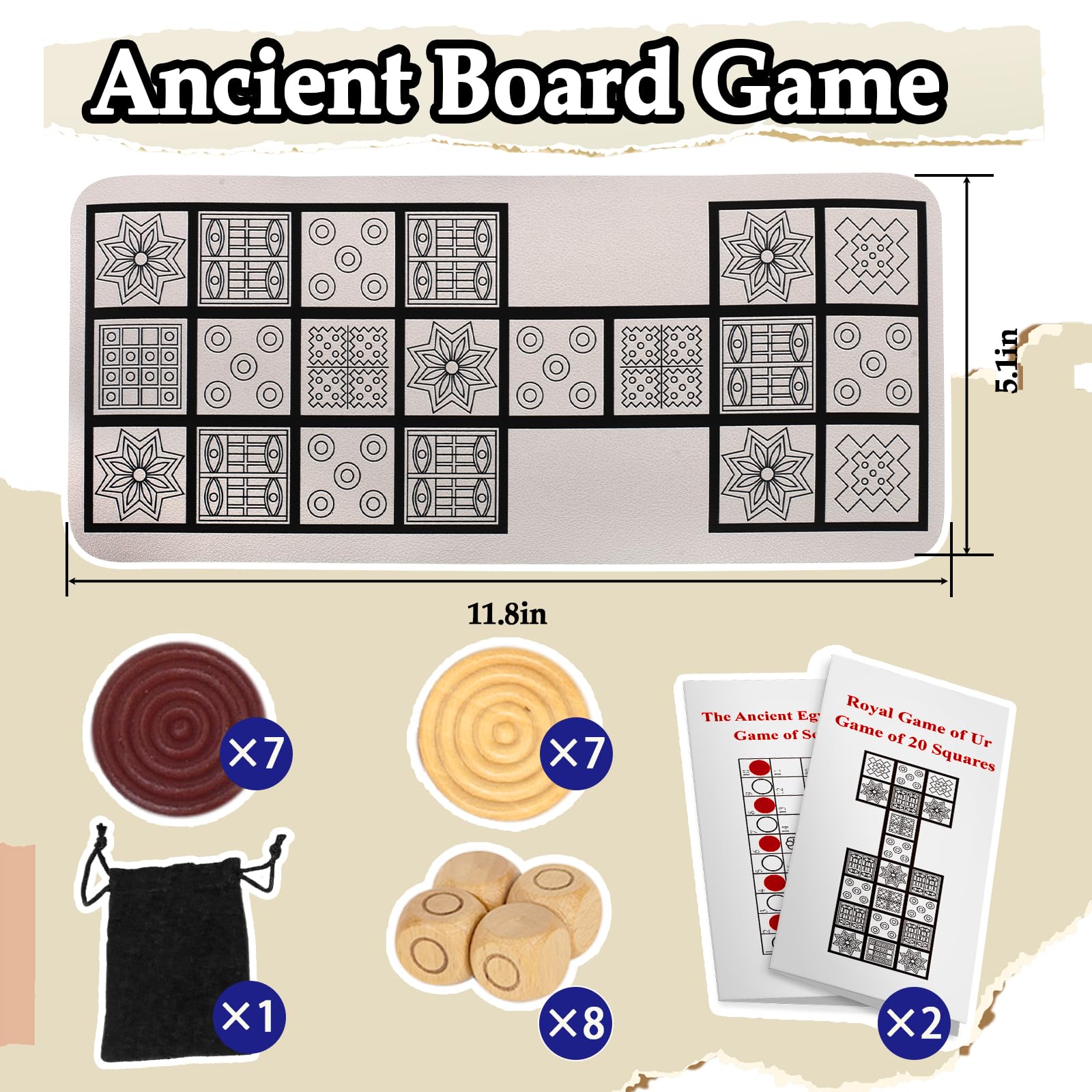 Ancient Strategy Board Game Set - Royal Game of Ur & Senet with 8 Wooden Dice, 14 Game Pieces & Instructions | Perfect for Family Game Night, History Enthusiasts & Educational Play