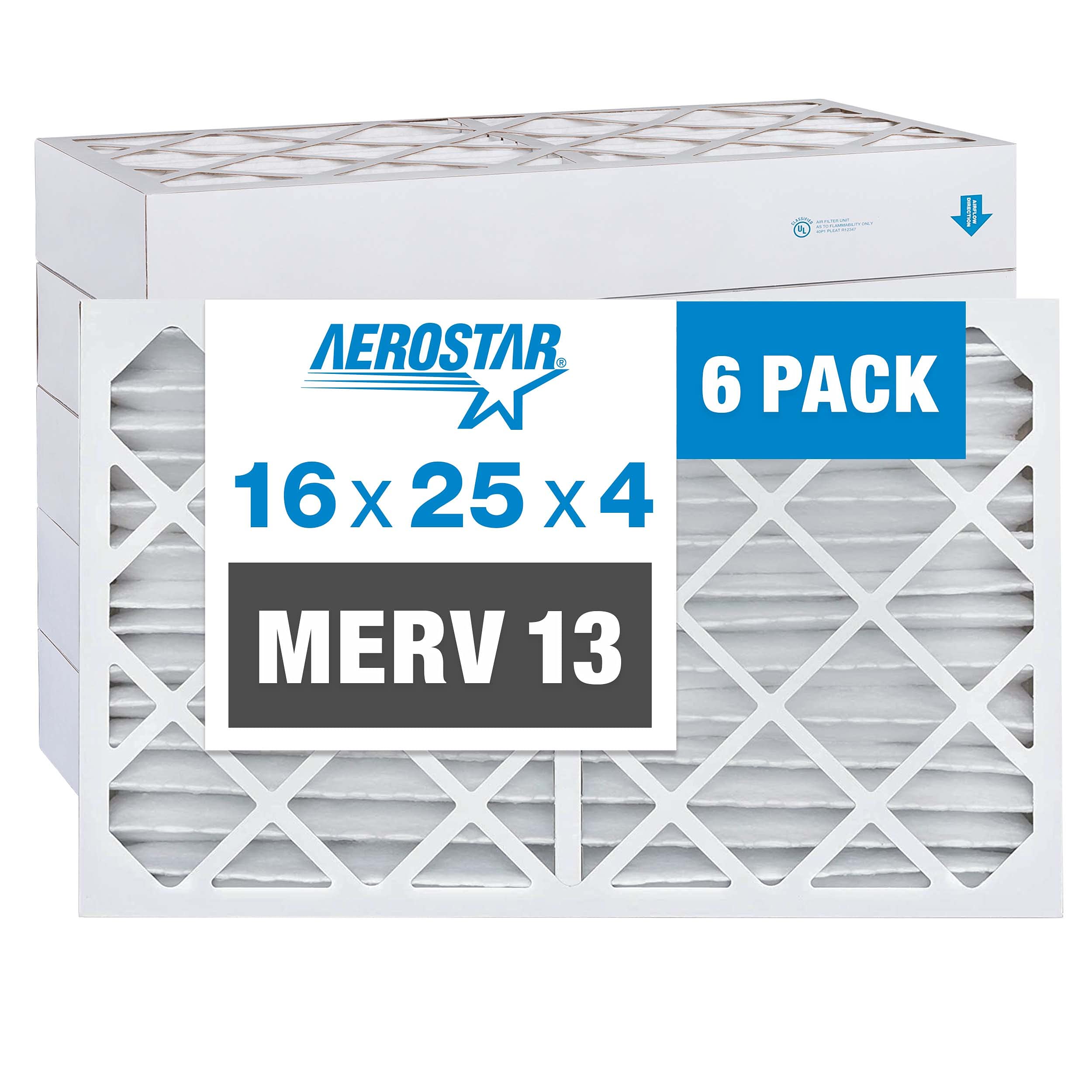 Aerostar 16x25x4 MERV 13 Air Filter - Electrostatic HVAC Furnace Filter for Allergies, Dust, Mold, Pet Dander & Smoke - MPR 1500-1900, FPR 10 - Pack of 6 - Perfect for Home, Office & Commercial Spaces