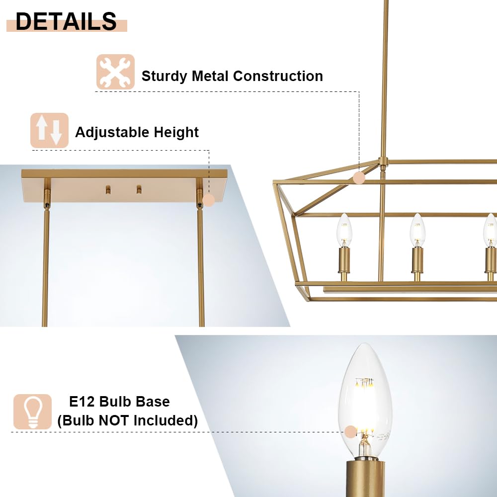 4-Lights Golden Pendant Light Fixtures - Adjustable Height Modern Lantern Linear Chandelier for Dining Room Ceiling Lighting | Perfect Hanging Light Over Kitchen Island, Breakfast Bar or Dining Table