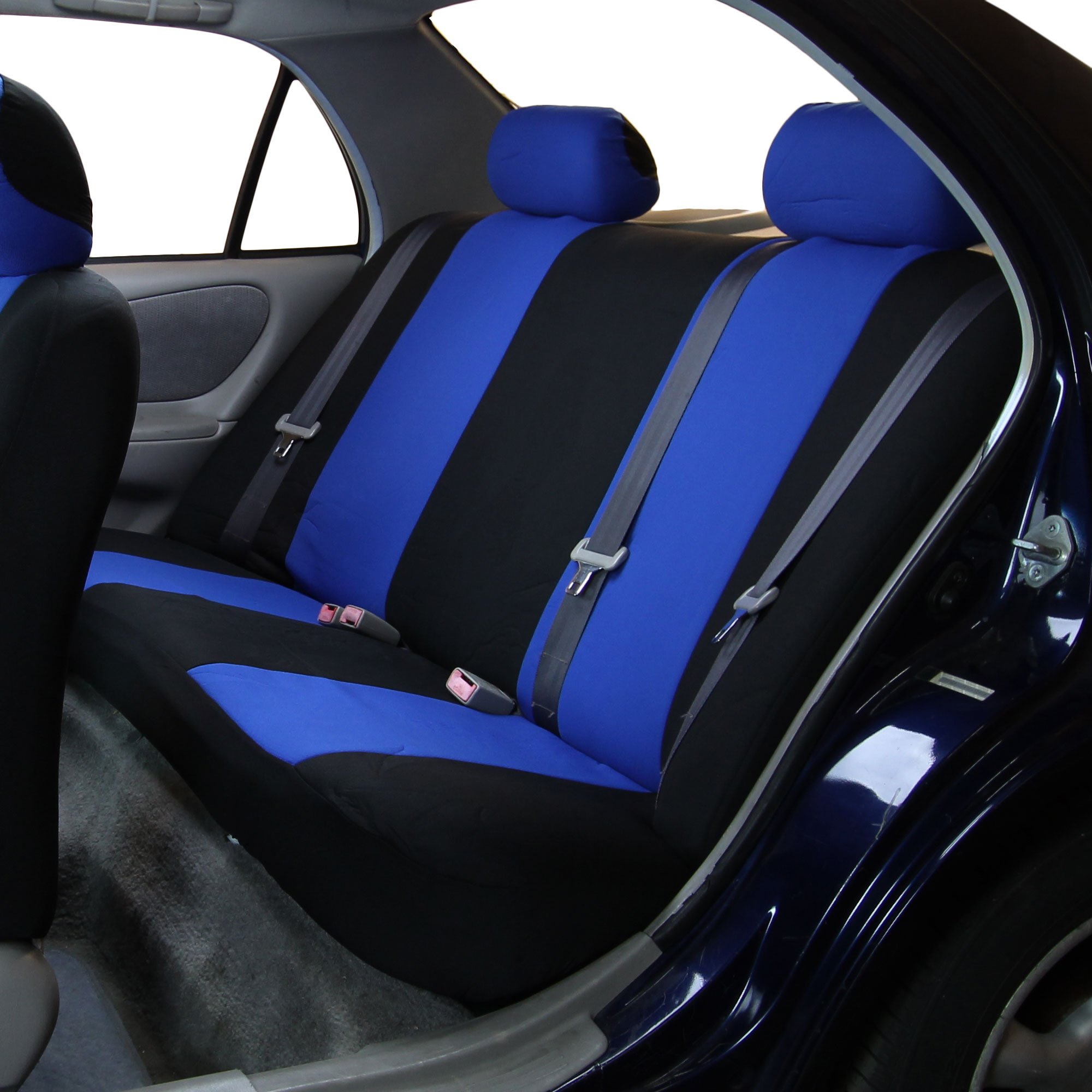 FH Group Universal Fit Car Seat Covers Full Set - Blue Flat Cloth Bench & Bucket Seat Protectors for Cars, Trucks & SUVs | Durable Interior Accessories Combo with E-Z Travel Tissue Dispenser | Perfect for Road Trips, Daily Commute & Family Protection