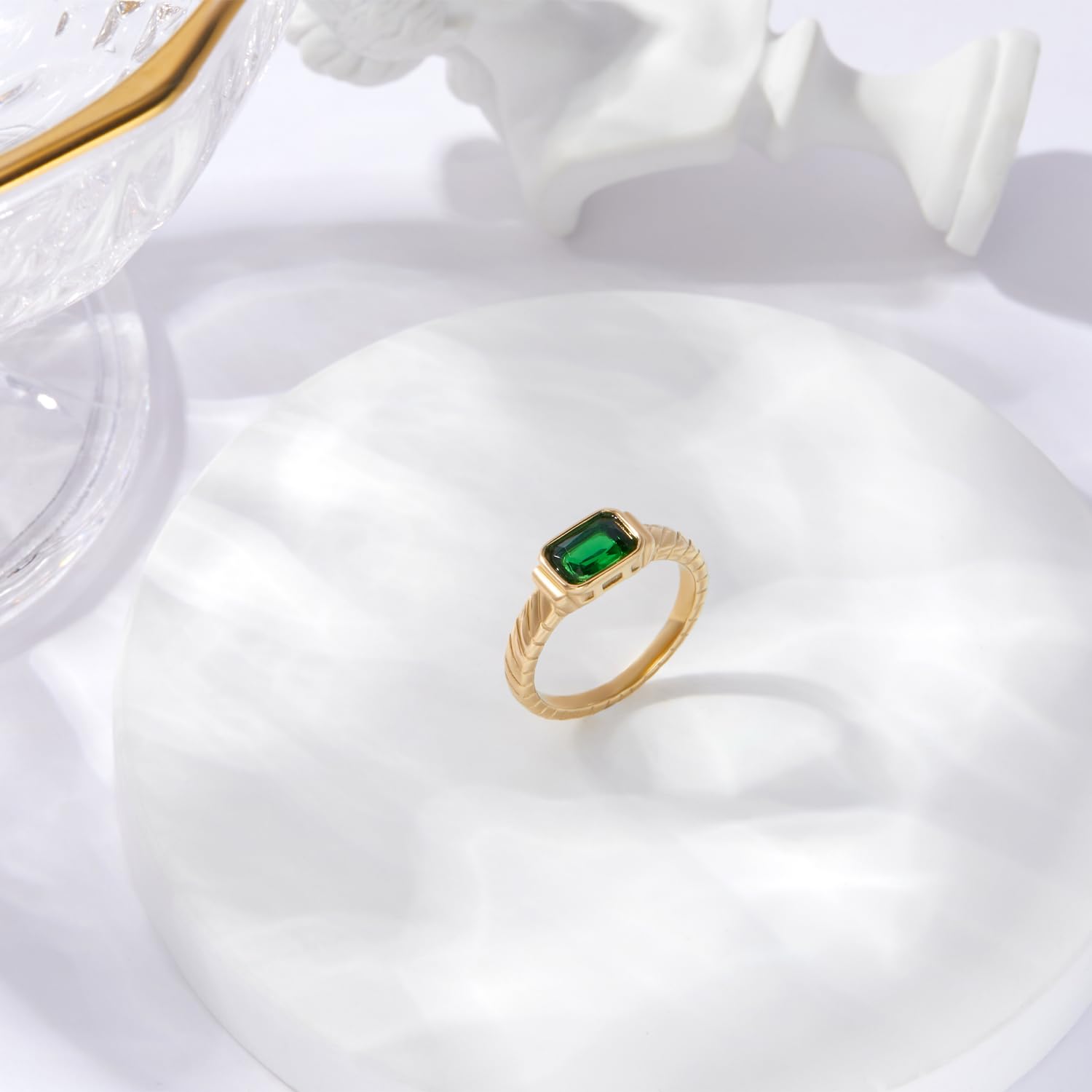 14K Gold Plated Emerald Rings for Women - Dainty Green Gemstone Rings with CZ Stones, Non-Tarnish Band (Sizes 6/7/8/9) | Elegant Jewelry for Weddings, Anniversaries & Everyday Wear