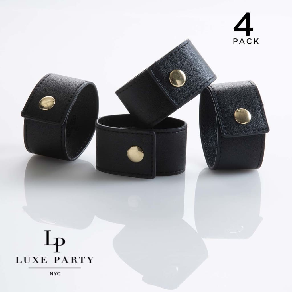 7.5 Inch Black & Gold Snap Faux Leather Napkin Rings - Set of 4 Elegant Table Accessories for Wedding, Dinner Party & Holiday Decor