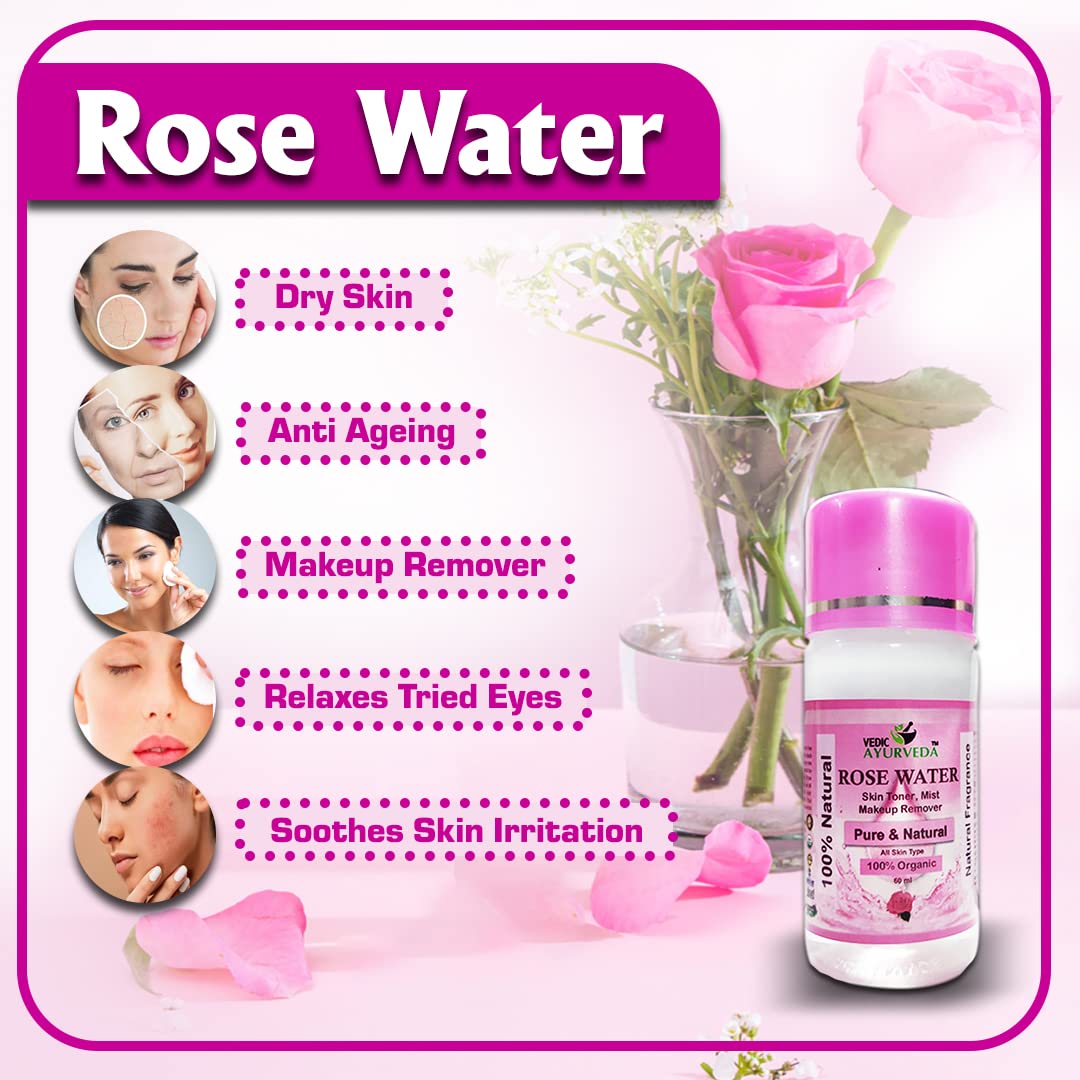 VEDICAYURVEDA Pure Rose Water for Skin Care - Hydrating Face Toner, Brightening & Glowing Skin, Natural Makeup Remover (Pack of 4) | Perfect for Daily Skincare Routine & Post-Makeup Refreshment