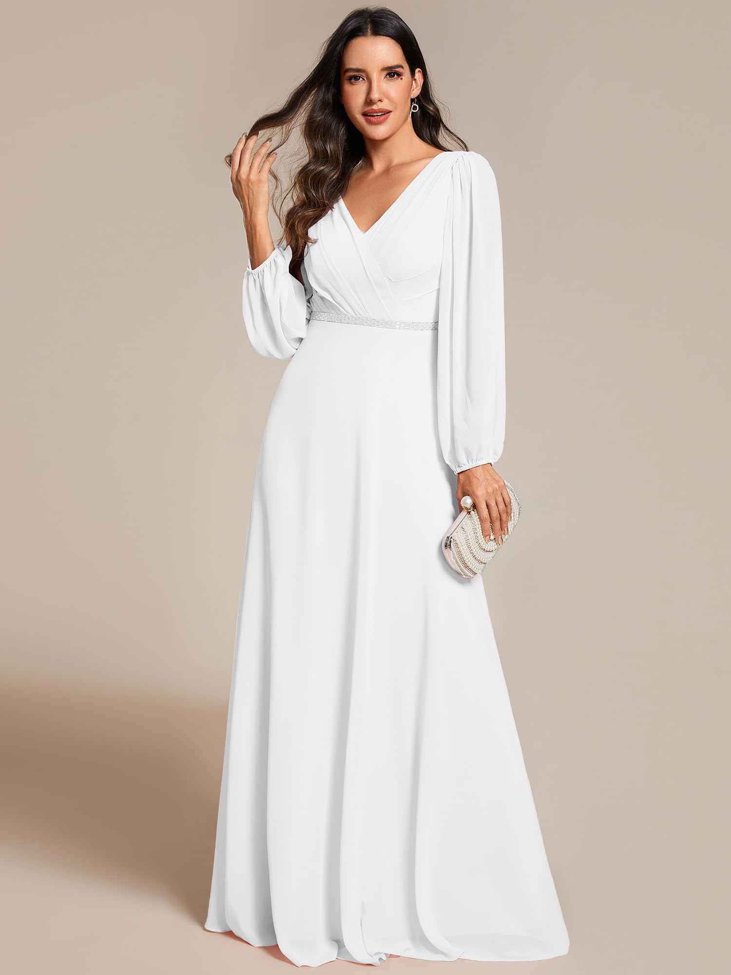 Ever-Pretty Women's Formal Long Sleeve V-Neck Beaded Empire Waist A-Line Floor Length Dress for Wedding Guest, Evening Gala & Special Occasions - Style 01981