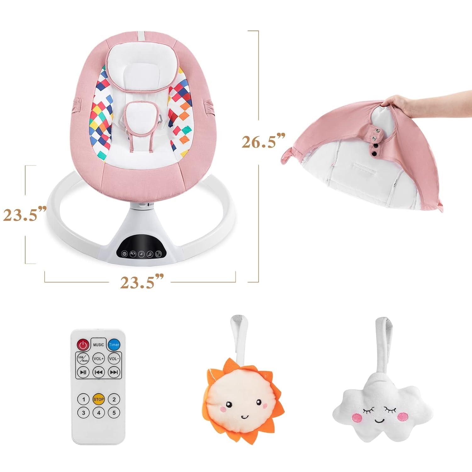 Electric Baby Swing with Bluetooth & Music - Portable Infant Bouncer for Boys & Girls - 5 Adjustable Sway Speeds - Light Pink Indoor Rocker - Perfect for Nursery, Playtime & Soothing Fussy Babies