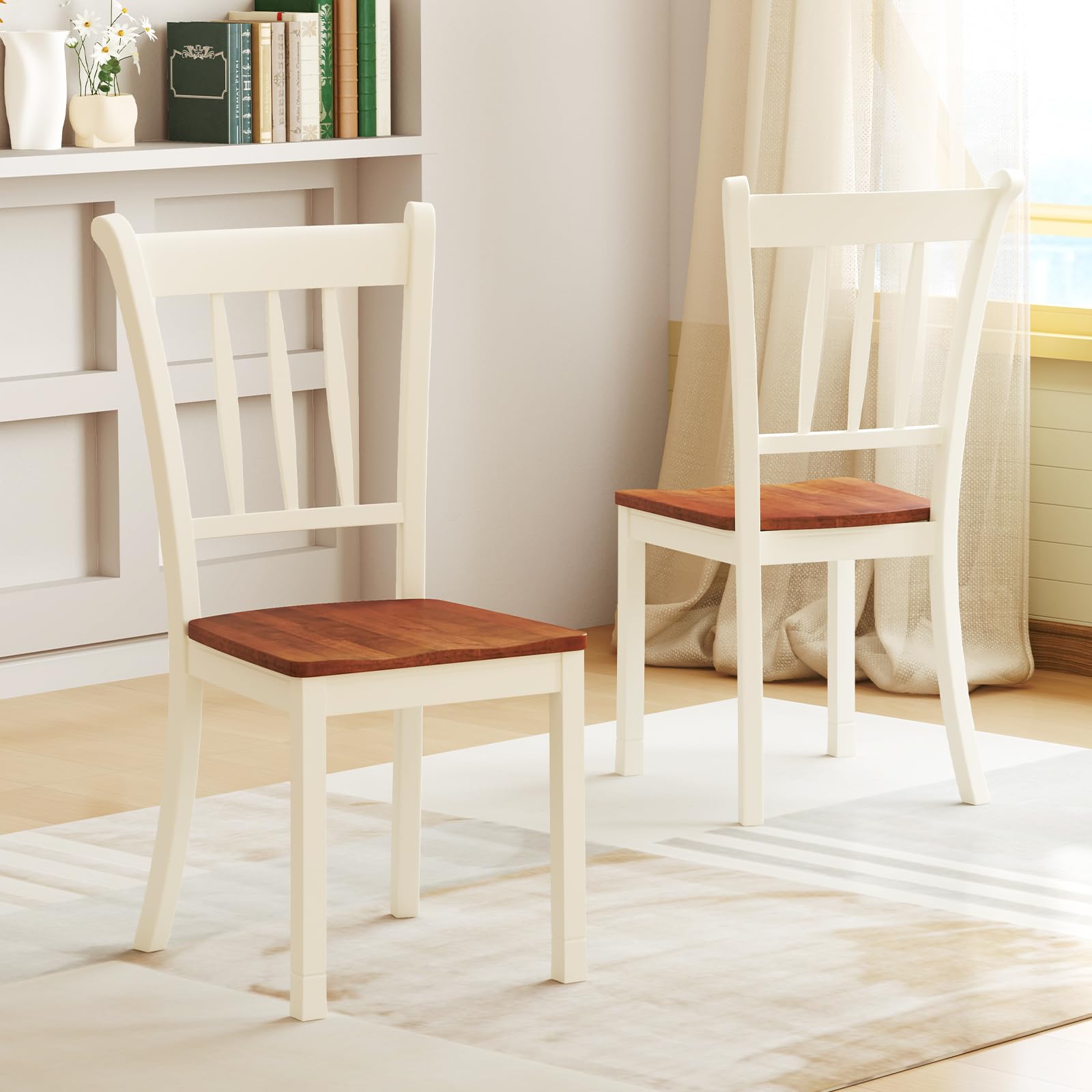 Solid Wood Dining Chairs Set of 4 - Armless Kitchen Chairs with Curved Slat Back, Farmhouse Style Wooden Chairs for Dining Room & Kitchen (Ivory White) - Perfect for Farmhouse Decor, Small Spaces & Family Gatherings