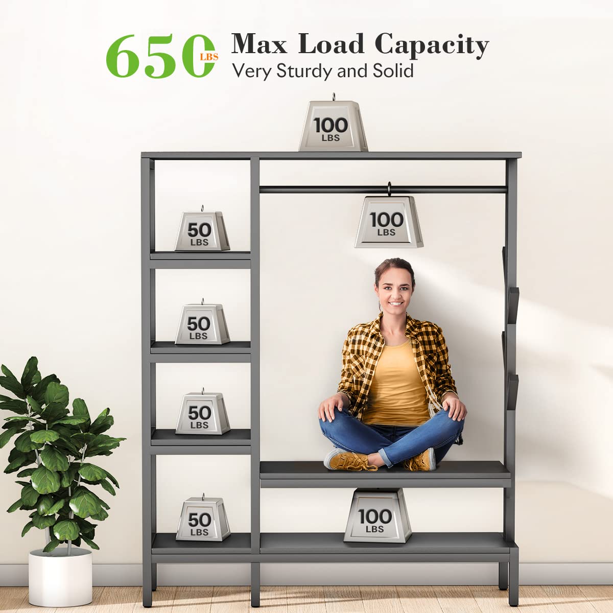 HOKEEPER 650lbs Heavy Duty Free Standing Closet Organizer with 6 Metal Shelves & Coat Rack - Sturdy Clothing Rack for Hanging Clothes, Wardrobe Storage, Bedroom, Closet Organization - Perfect for Small Spaces, Dorm Rooms & Apartment Living