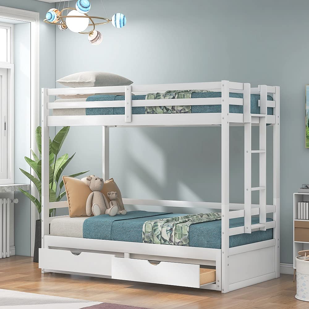Solid Wood Twin Over Twin/Full/King Bunk Bed with 2 Storage Drawers & Ladder - Convertible to Daybed or Loft Bed - Kids Bedroom Furniture for Small Spaces & Sleepovers (White)