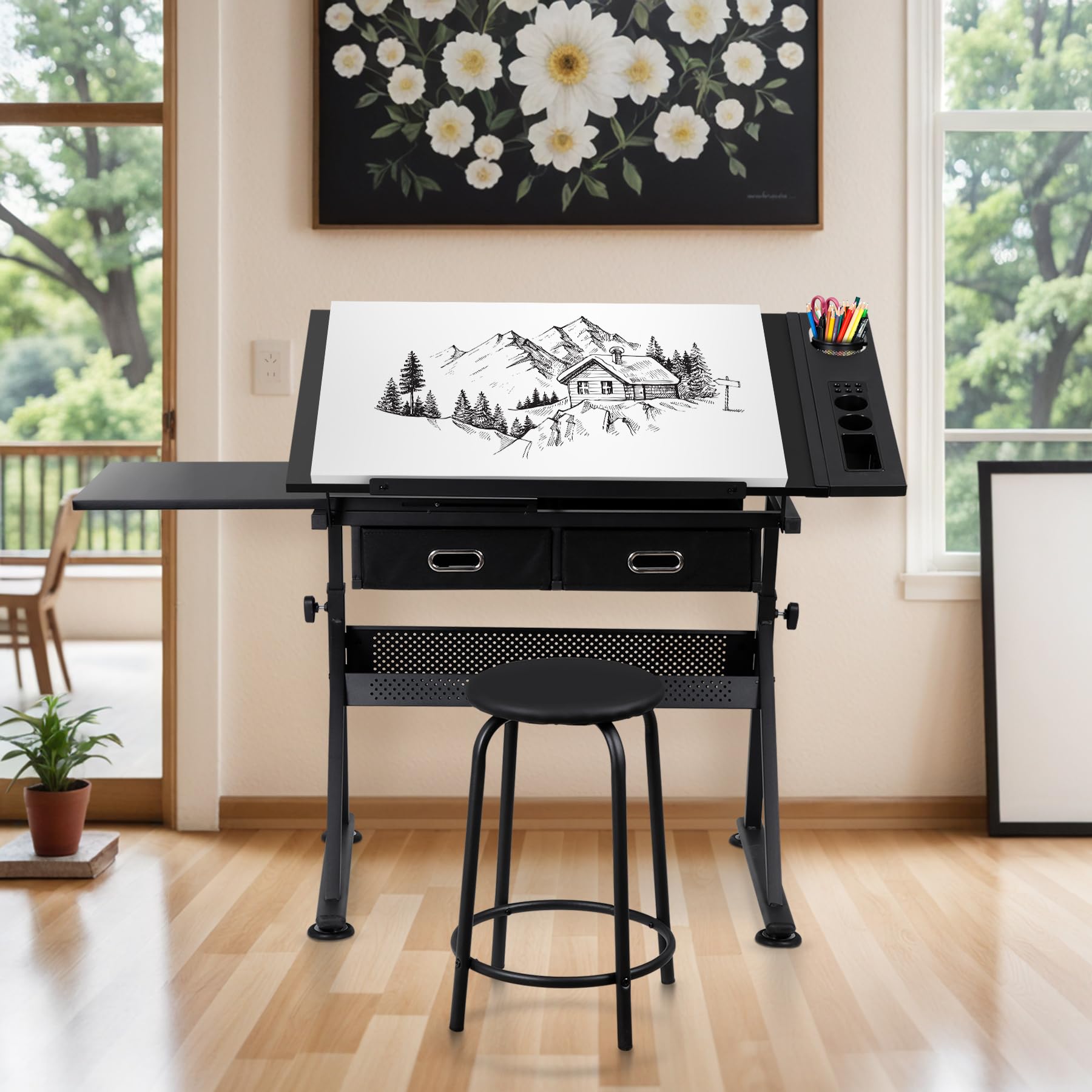 Adjustable Height Drafting Desk with 2 Storage Drawers - Ergonomic Drawing Table for Artists, Architects & Home Office Work - Perfect for Painting, Sketching & Remote Work - Black