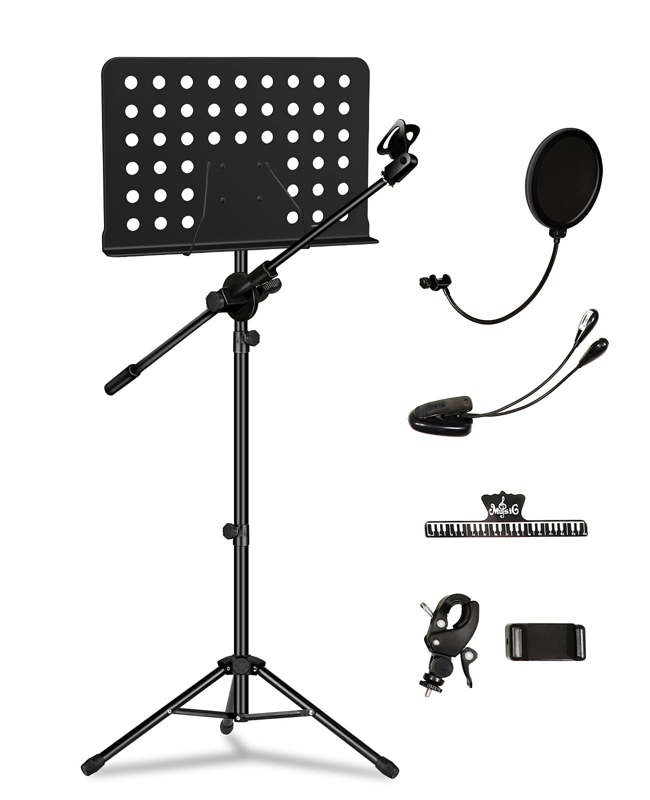 Premium Folding Music Stand with Mic Pole, Pop Filter & Phone Holder - Portable Sheet Music Stand with Light & Clips for Violin, Guitar, Ukulele Players - Perfect for Home Practice, Stage Performances & Music Lessons