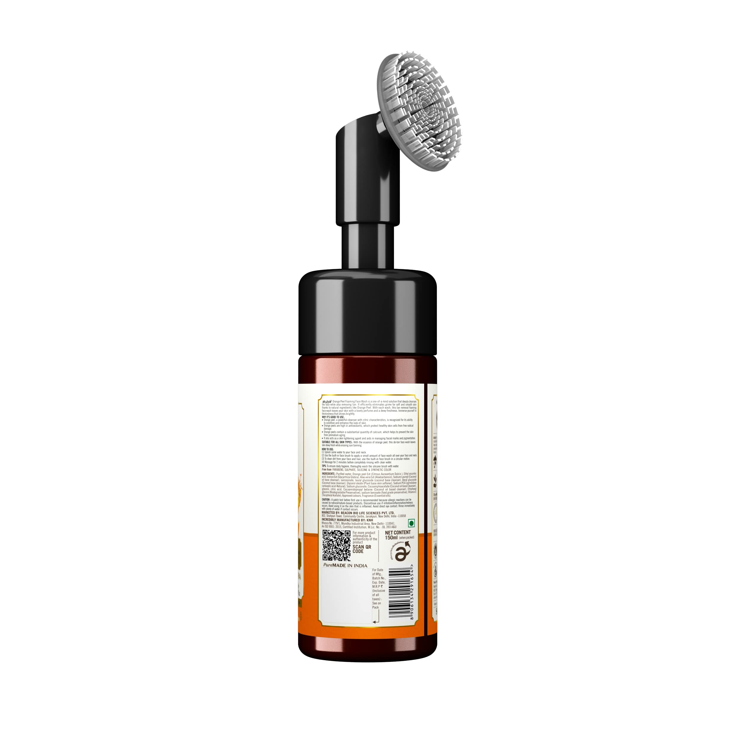 Atulya Orange Peel Foaming Face Wash with Built-In Soft Face Brush - Gentle Exfoliating Cleanser for Acne & Blackheads - Perfect for Daily Skincare Routine