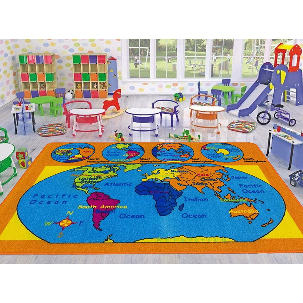 Champion Rugs World Map Educational Carpet - 92x120 Inch Large Non-Slip Play Mat for Kids, Classroom Decor & Learning Geography - Perfect for Nursery, Playroom & Homeschooling