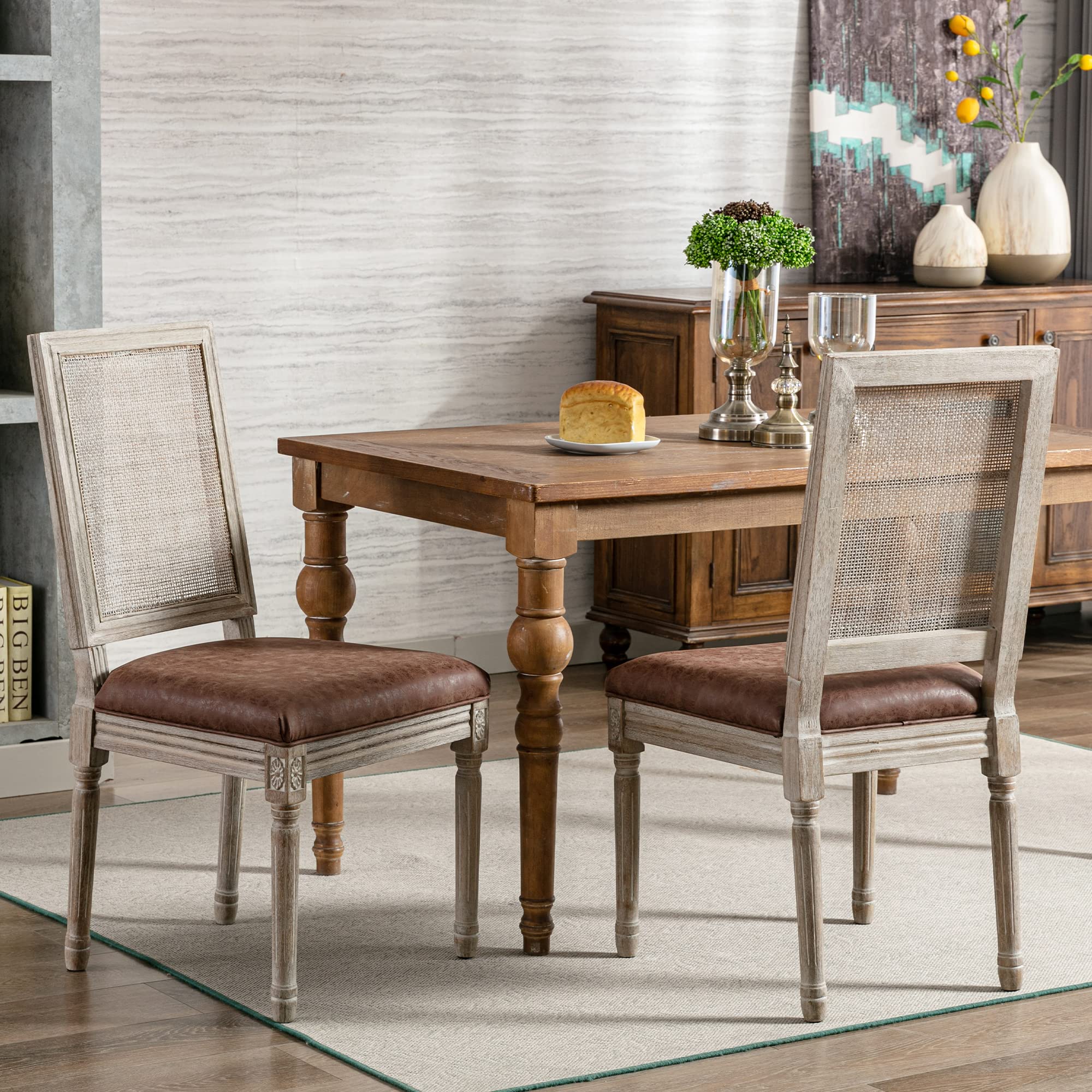 Farmhouse Rattan Dining Chairs Set of 2 - French Country Leather Upholstered Chairs with Square Back & Rustic Wood Legs - Kitchen, Restaurant, Dining Room & Living Room Side Chairs - Perfect for Farmhouse Decor, Cottage Style Homes and Rustic Interior Design (Brown, 2-Piece Set)