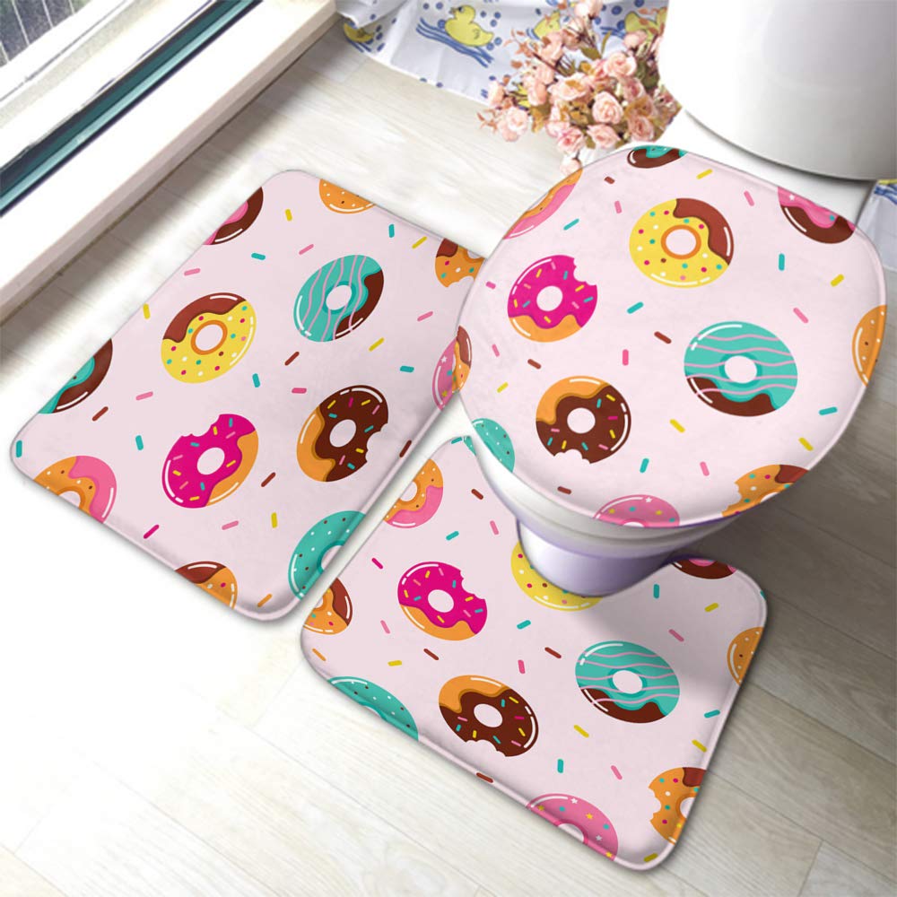 Sweet Chocolate Donut Bath Mat Set - 3 Piece Non-Slip Bathroom Rug with Polka Dot Stars for Kids & Baby - Soft Anti-Skid Toilet Seat Cover & Floor Mat for Nursery, Kids' Bathroom Decor