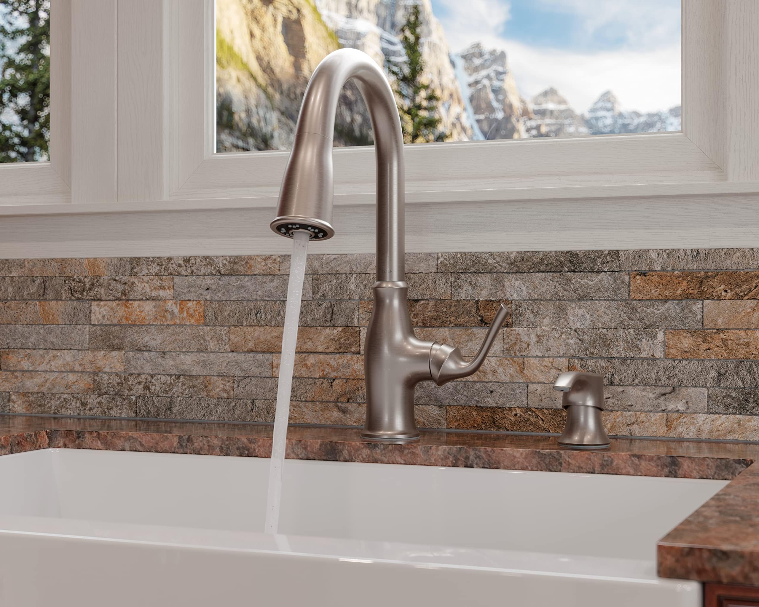 Pfister Rosslyn Single Handle High Arc Kitchen Faucet with Pull Down Sprayer & Soap Dispenser, Spot Defense Stainless Steel Finish (Model F5297RSSRGS) - Perfect for Modern Kitchens, Dishwashing & Food Prep