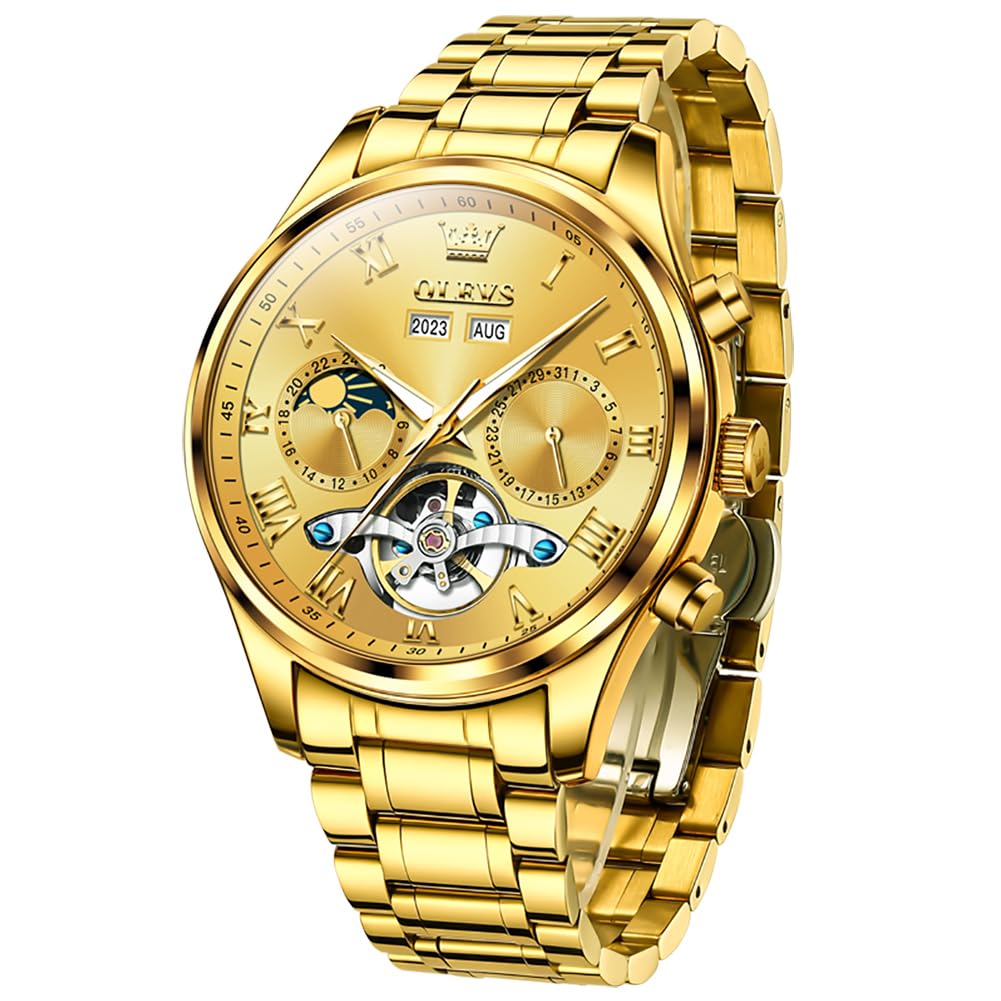 OLEVS Men's Automatic Skeleton Tourbillon Watch - Self-Winding Luxury Dress Watch with Diamond Accents, Stainless Steel Case, Waterproof, Luminous Hands, Moon Phase & Day-Date Display - Perfect for Business, Formal Events & Luxury Gift Giving
