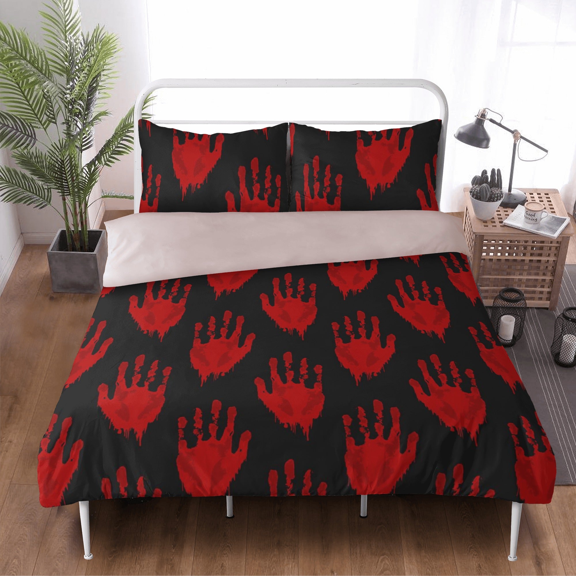 Scary Bloody Hand Print Bedding Set - 3 Piece Halloween Horror Decor for Bedroom, Haunted House, or Themed Party