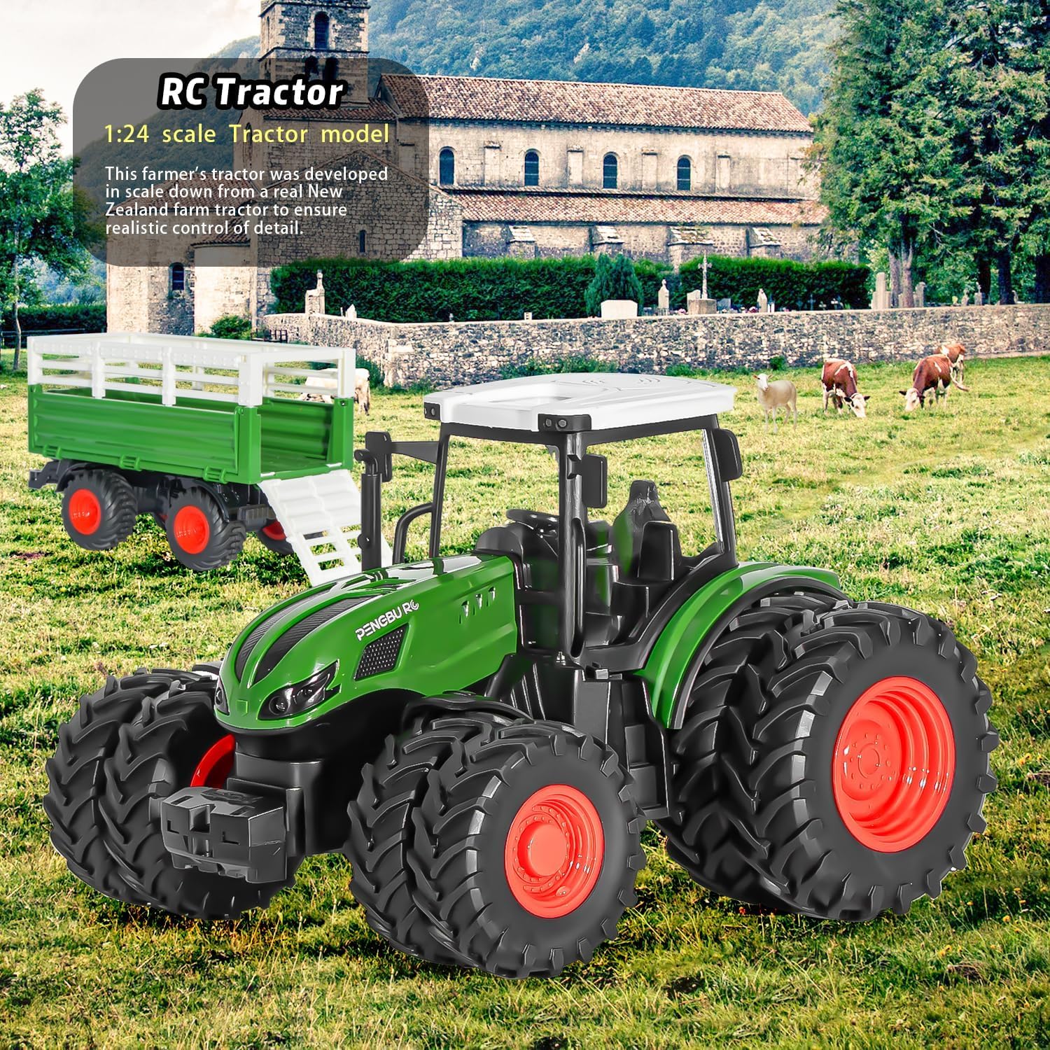 2.4GHz Remote Control Tractor Toy Set for Kids Ages 3-7 - Farm Vehicle with Trailer, Loading Arm & LED Lights - Includes Farm Animals (Cows, Sheep) & Hay Bales - Perfect for Indoor/Outdoor Play, Birthday Gifts & Educational Farm Role-Playing