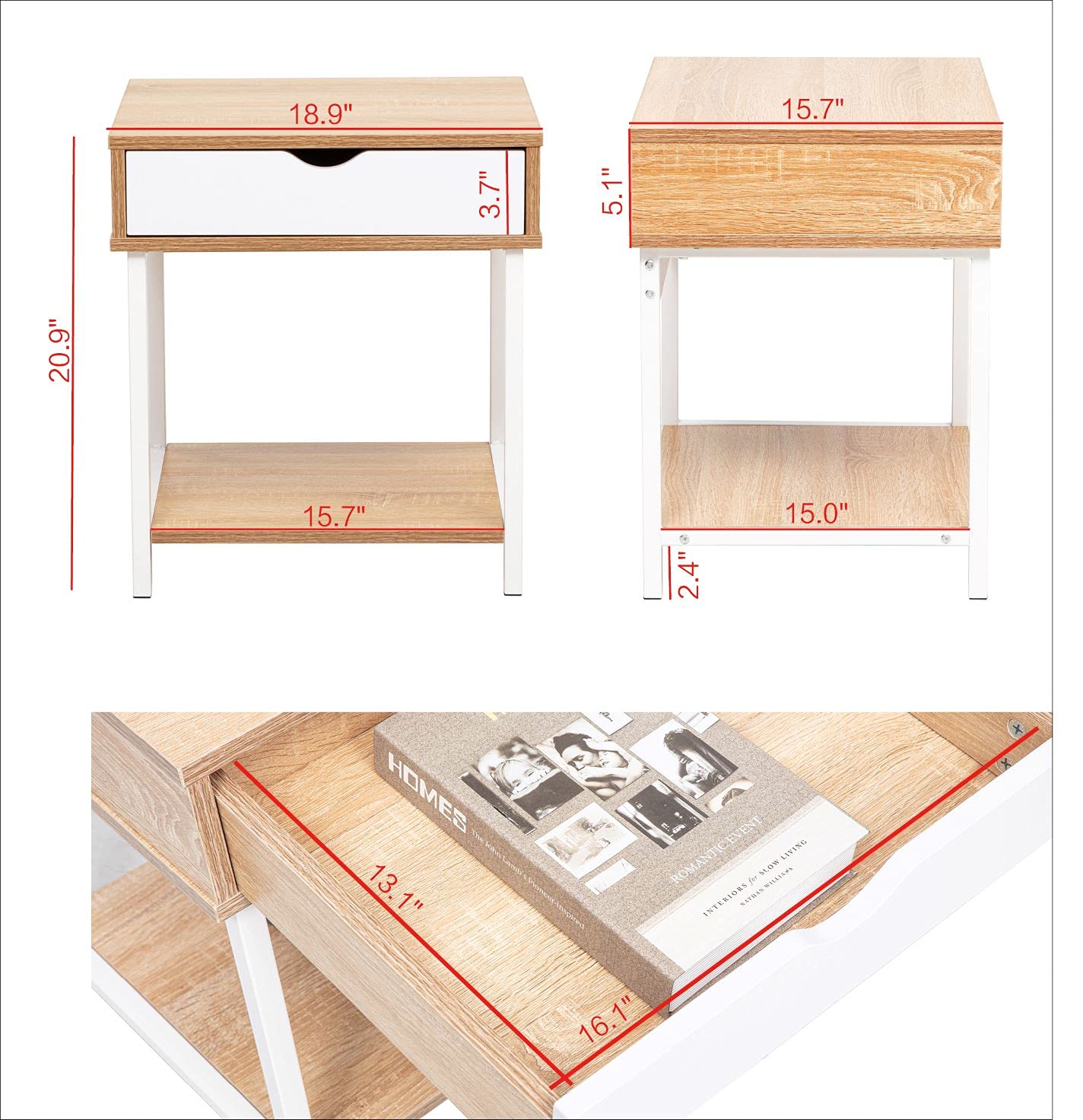 JJS Side End Table with Drawer and Storage Shelves - Nightstand, Bedside Table, Sofa Table for Living Room & Bedroom - Easy Assembly Oak/White Accent Furniture - Perfect for Small Spaces, Apartments and Dorm Rooms