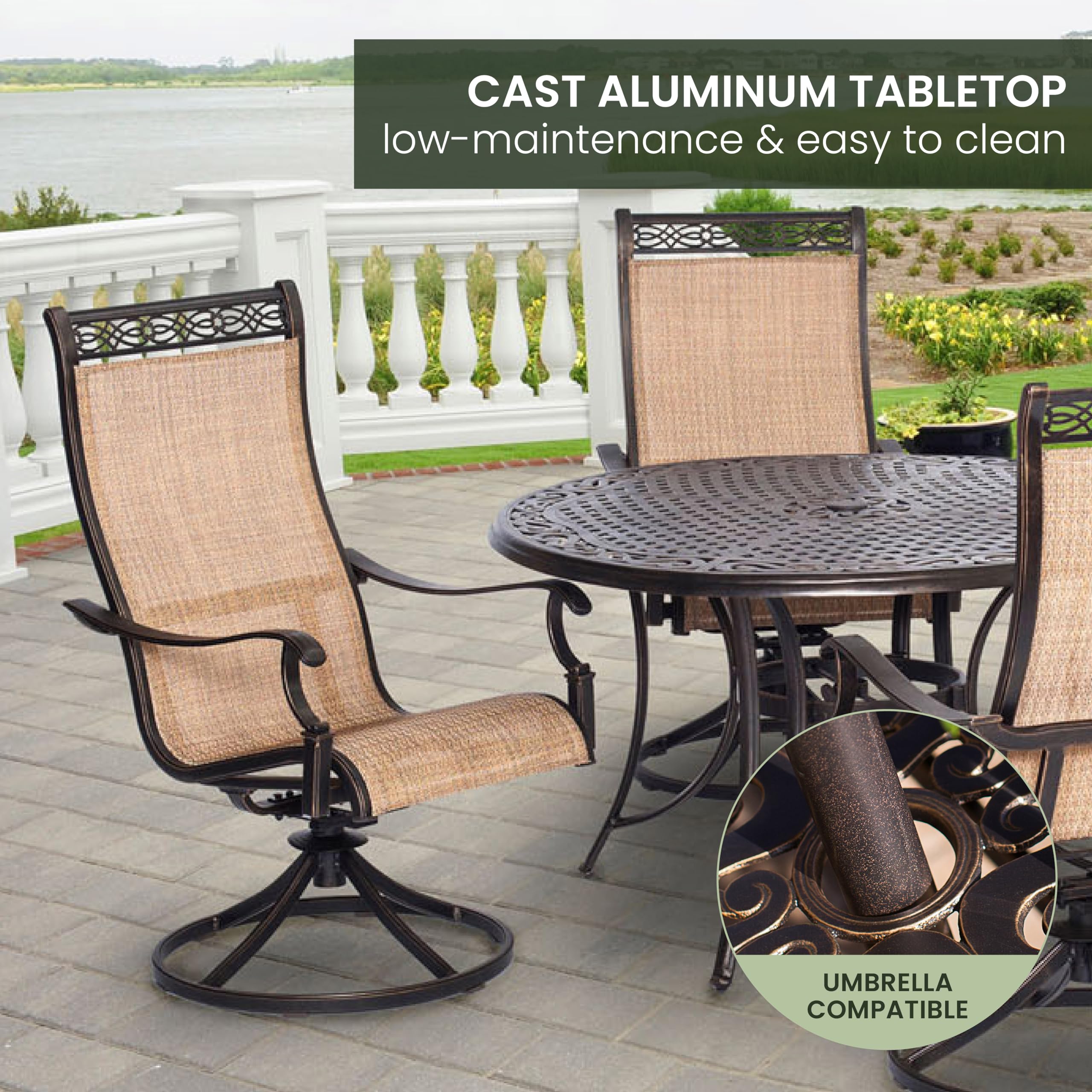 Hanover Manor 5-Piece Outdoor Dining Set - Rust-Resistant Aluminum Patio Furniture with PVC Sling 360° Swivel Rocking Chairs & Round Table for Backyard, Deck, Porch - Perfect for Outdoor Entertaining & Relaxation