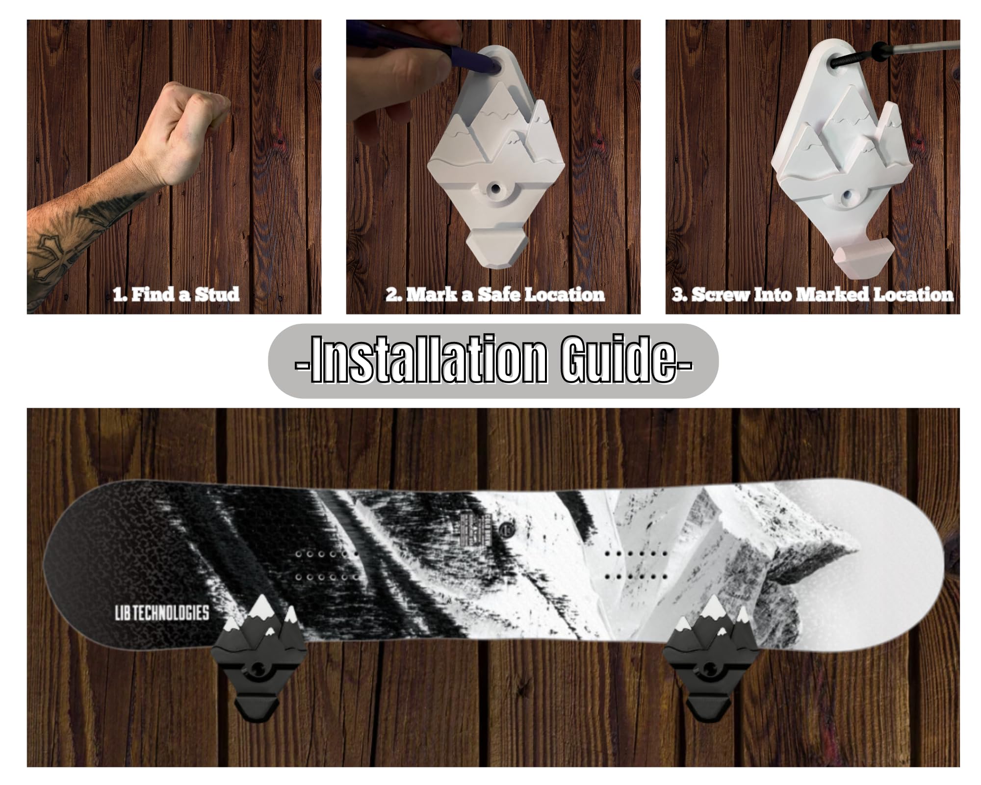 Universal Snowboard Wall Mount with Hooks - Space Saving Snowboard Rack & Wall Art in White - Perfect for Home, Garage, or Ski Resort Storage