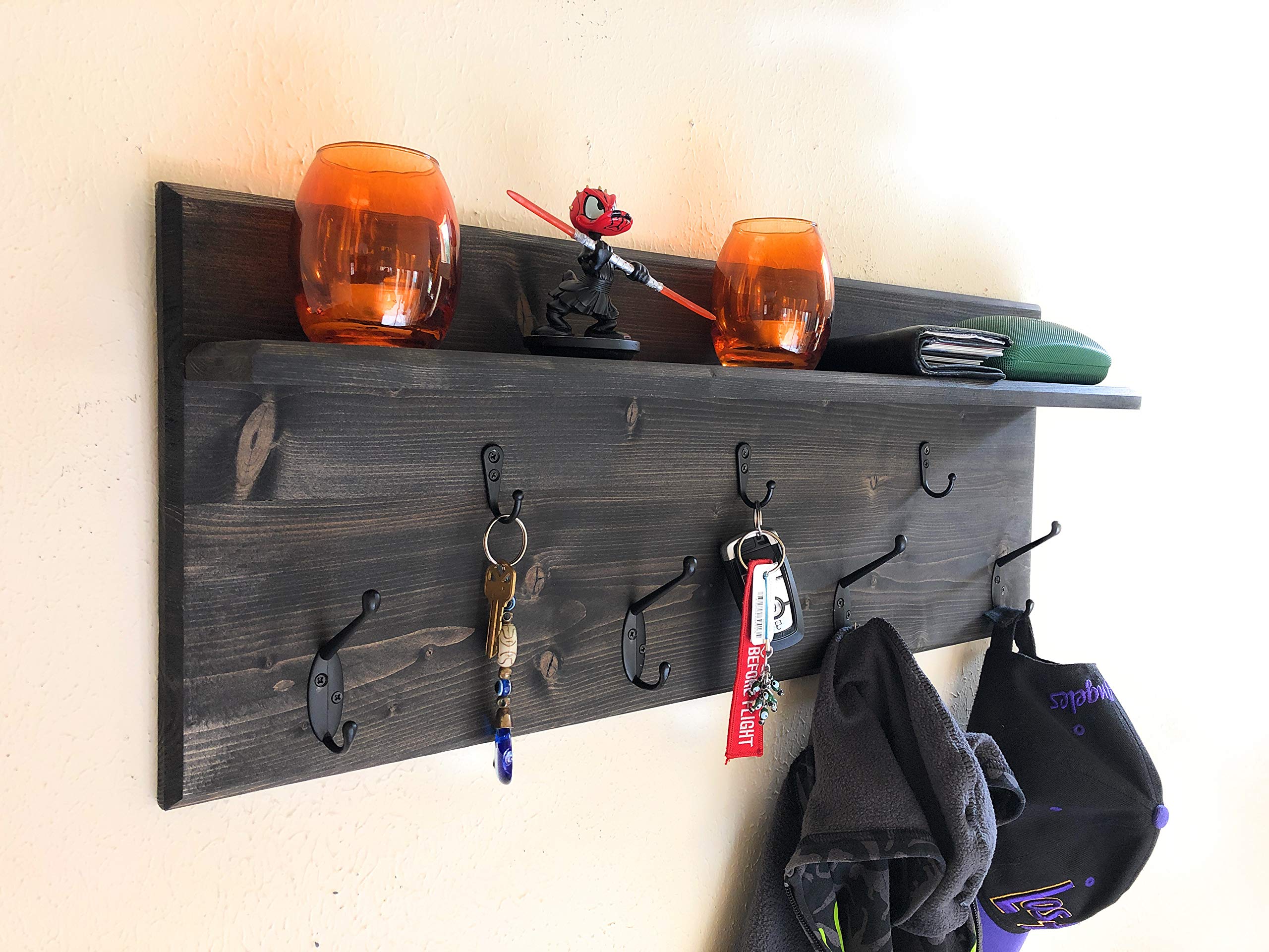Ebony Wall Organizer Shelf - Coat Hanger, Key Holder & Storage Rack for Entryway, Bedroom, Office - Space Saving Home Organization Solution