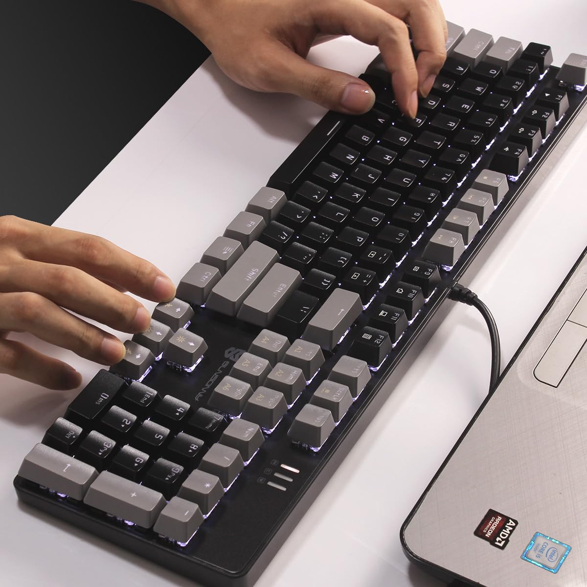 Qisan Mechanical Gaming Keyboard, Wired LED Backlit Keyboard with Gray & Black 104 Keys, US Layout, Detachable Switches - Perfect for PC Gaming, Office Work, and Typing Enthusiasts