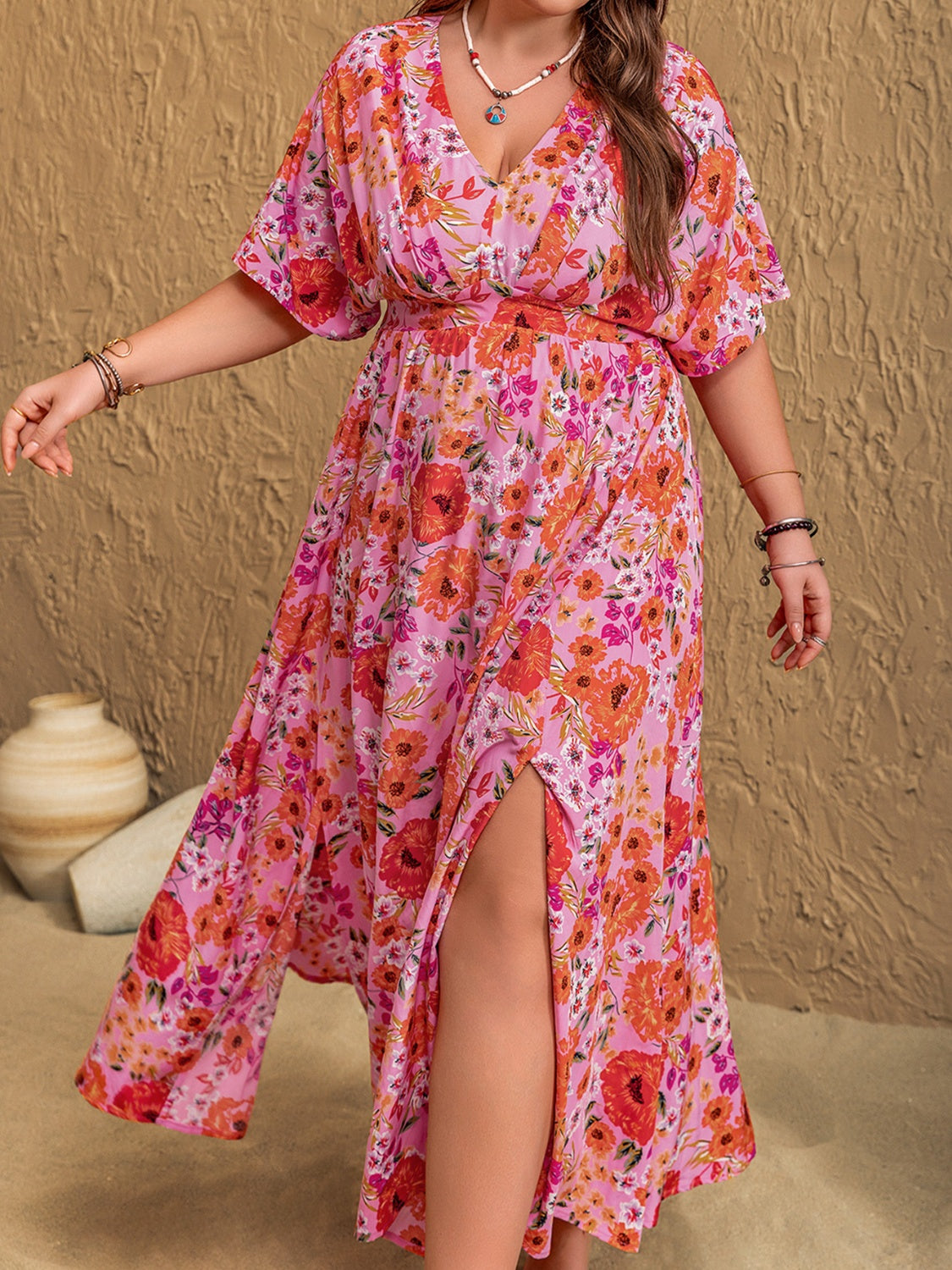 **Plus Size Slit Half Sleeve Maxi Dress for Women – Elegant Flowy Long Dress for Casual, Beach & Evening Wear**
