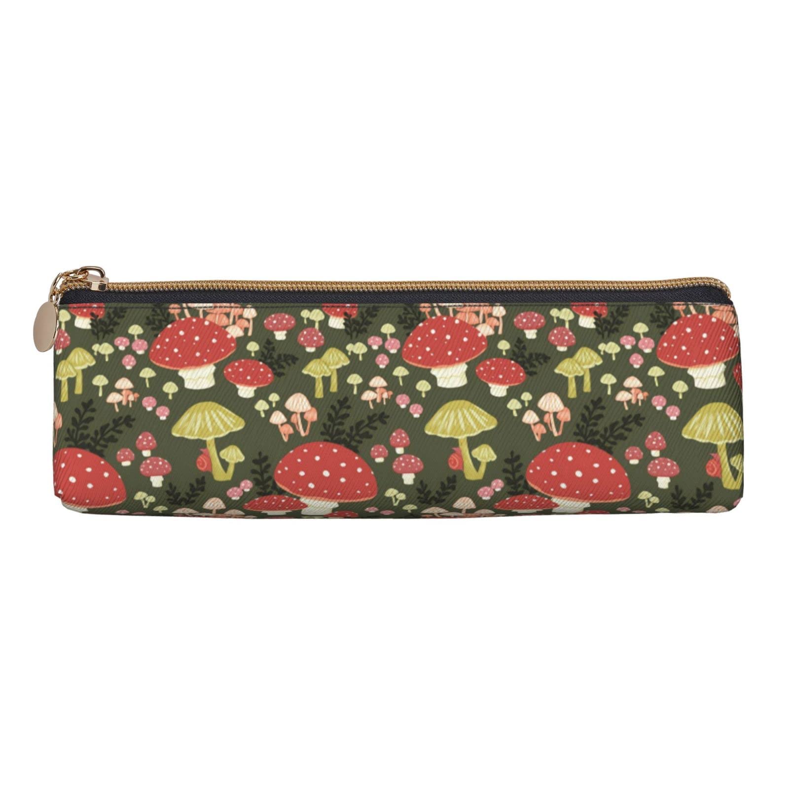 Mushroom Pattern Leather Pencil Case with Zipper - Stylish Pen & Makeup Pouch for School, Office, Work or Travel - Perfect Stationery Organizer for Students & Professionals