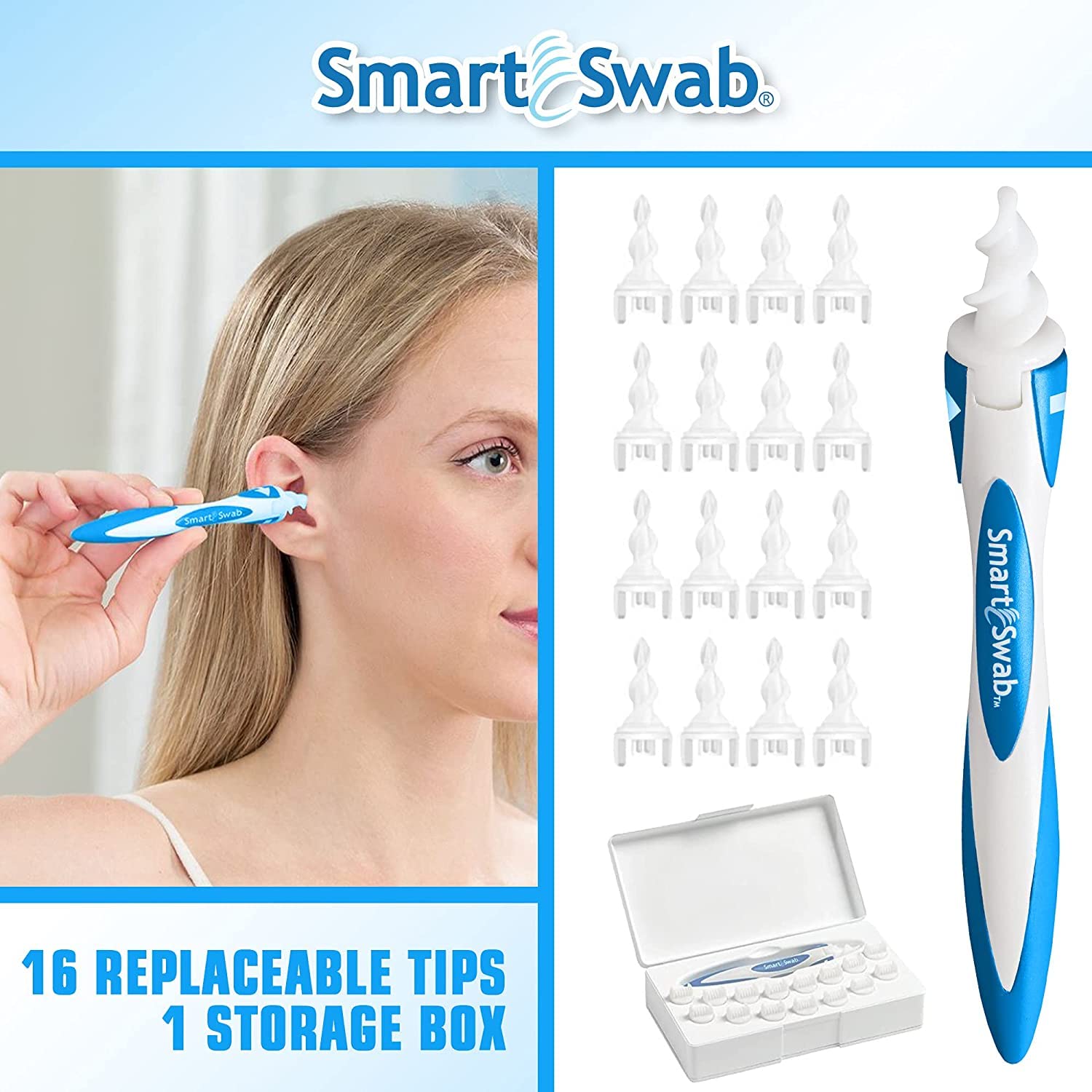 Smart Swab Spiral Ear Cleanser - 16 Replaceable Tips Earwax Remover Tool - Safe Pain-Free Reusable Ear Cleaning Kit for Adults & Kids - Gentle Earwax Removal for Home, Travel & Daily Hygiene Care
