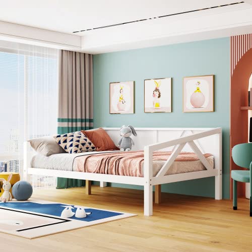 Full Size Daybed with Wood Slat Support - Convertible Sofa Bed Frame for Kids, Teens, Bedroom & Living Room - No Box Spring Needed (White) - Perfect for Guest Rooms, Small Spaces & Multi-Functional Furniture Needs