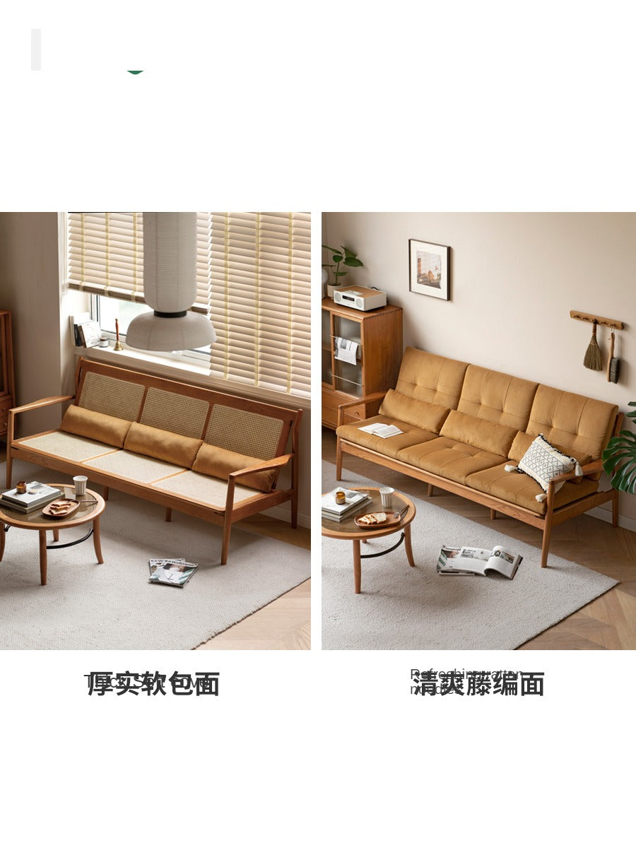 Vintage Oak Solid Wood Rattan Sofa - Convertible 2-in-1 Couch & Daybed for Living Room, Bedroom or Patio