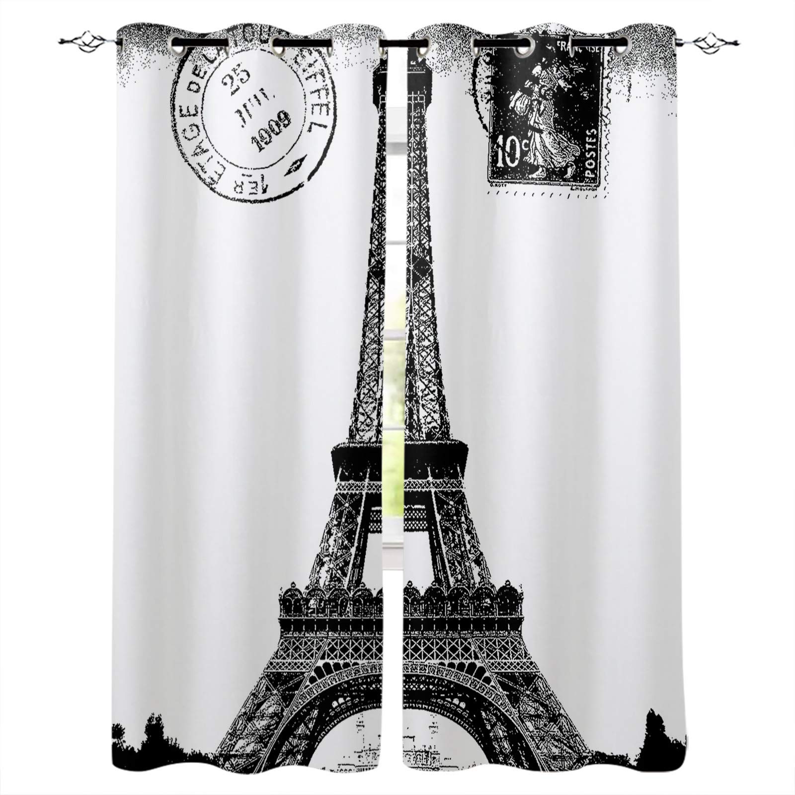 Parisian Elegance Black & White Eiffel Tower Window Curtains - 2 Panel Grommet Drapes for Kitchen, Cafe & Living Room (104